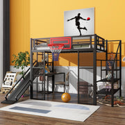 Full Size Metal Loft Bed with Slide and Staircase