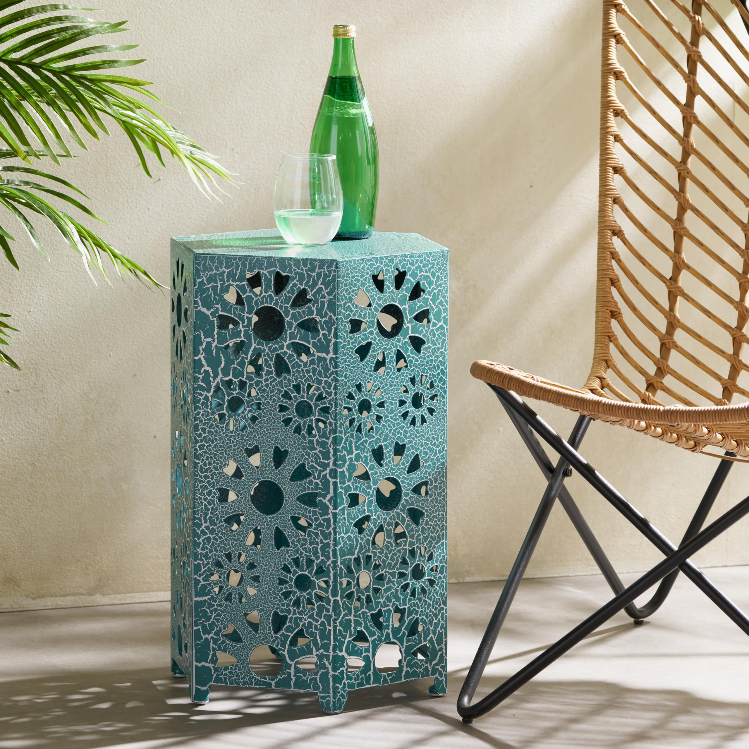 Hexagonal Outdoor Side Table with Sunburst Design