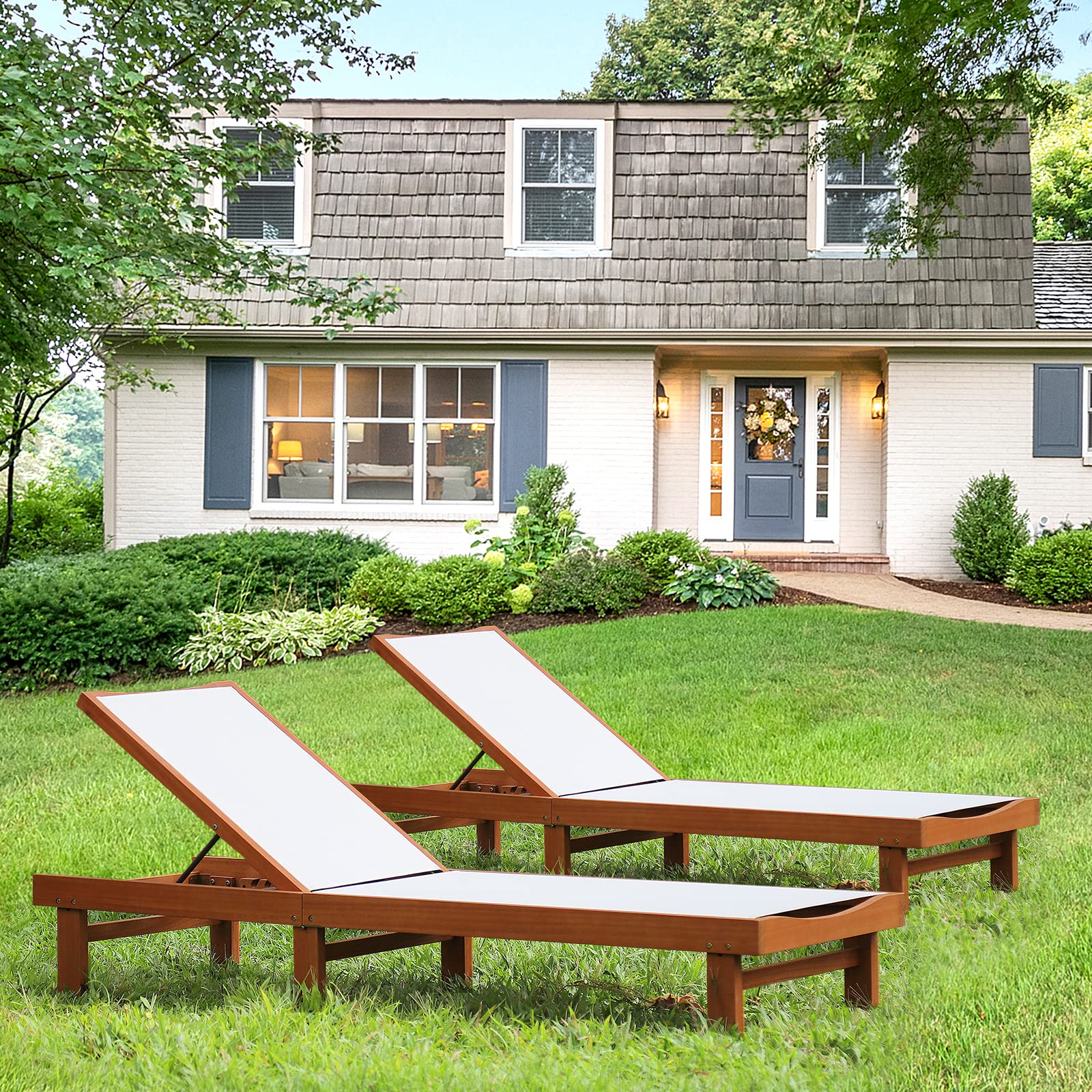 Set of 2 Patio Wood Chaise Lounge Chairs with 5-Position Adjustment