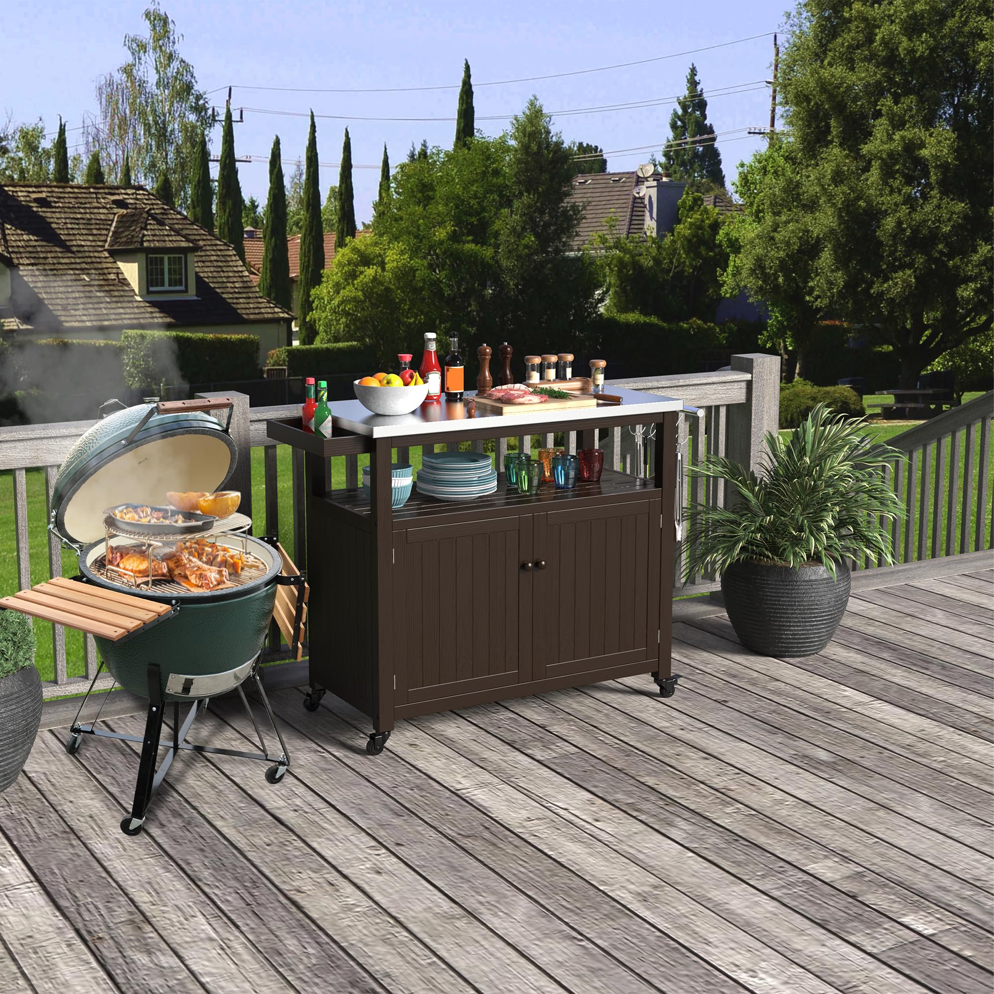 Outdoor Storage Cabinet Solid Wood Prep Grill Table with Stainless Steel Top