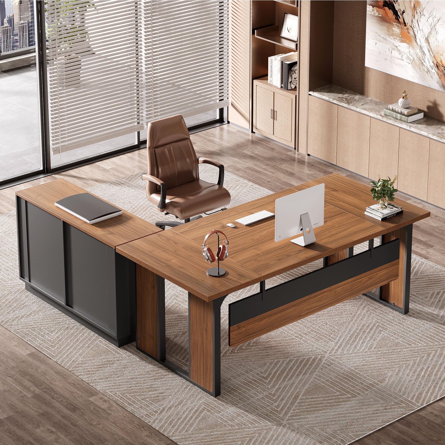 63'' L-Shaped Executive Desk with Drawers Cabinet and Storage Shelves