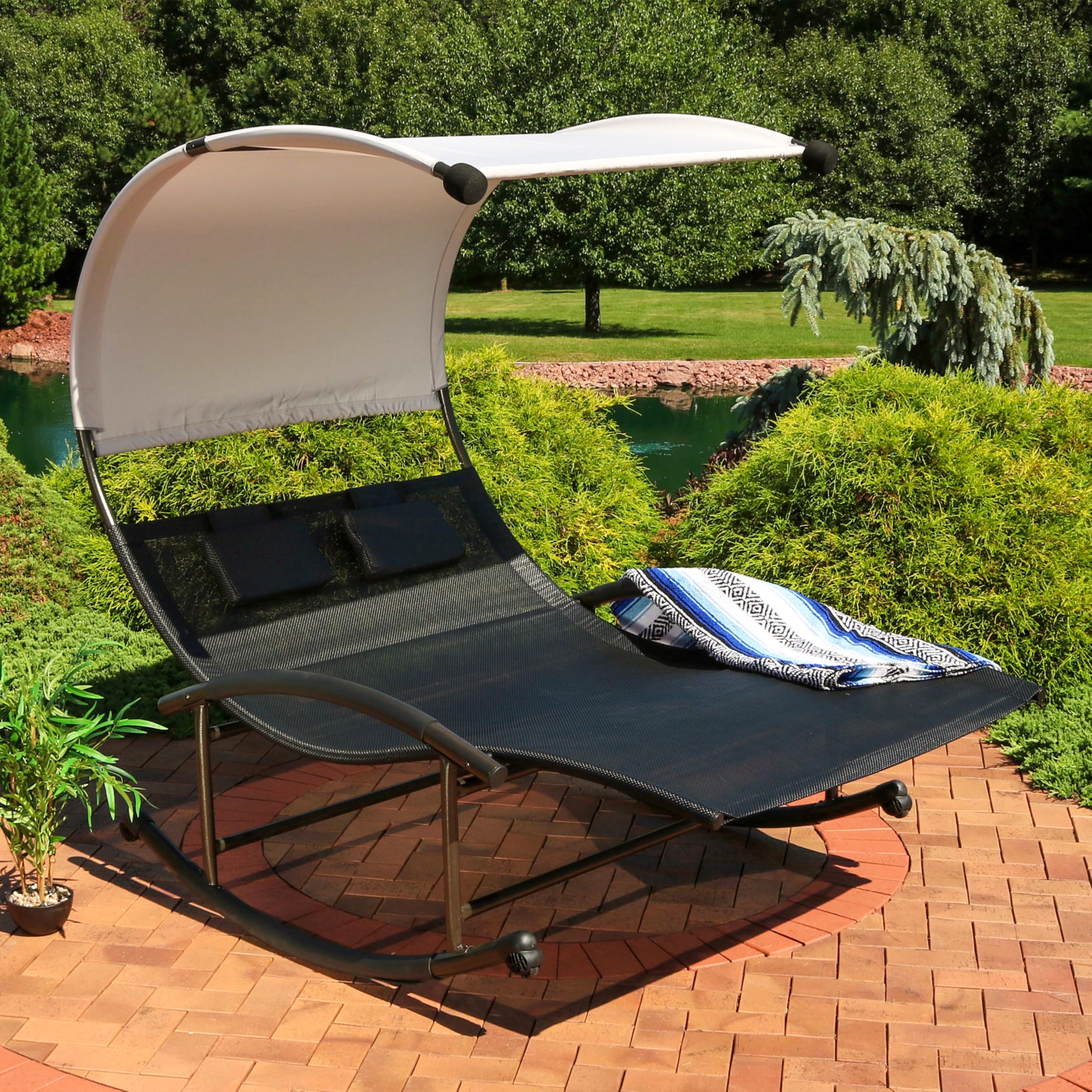 Outdoor Double Chaise Rocking Lounge Chair with Canopy