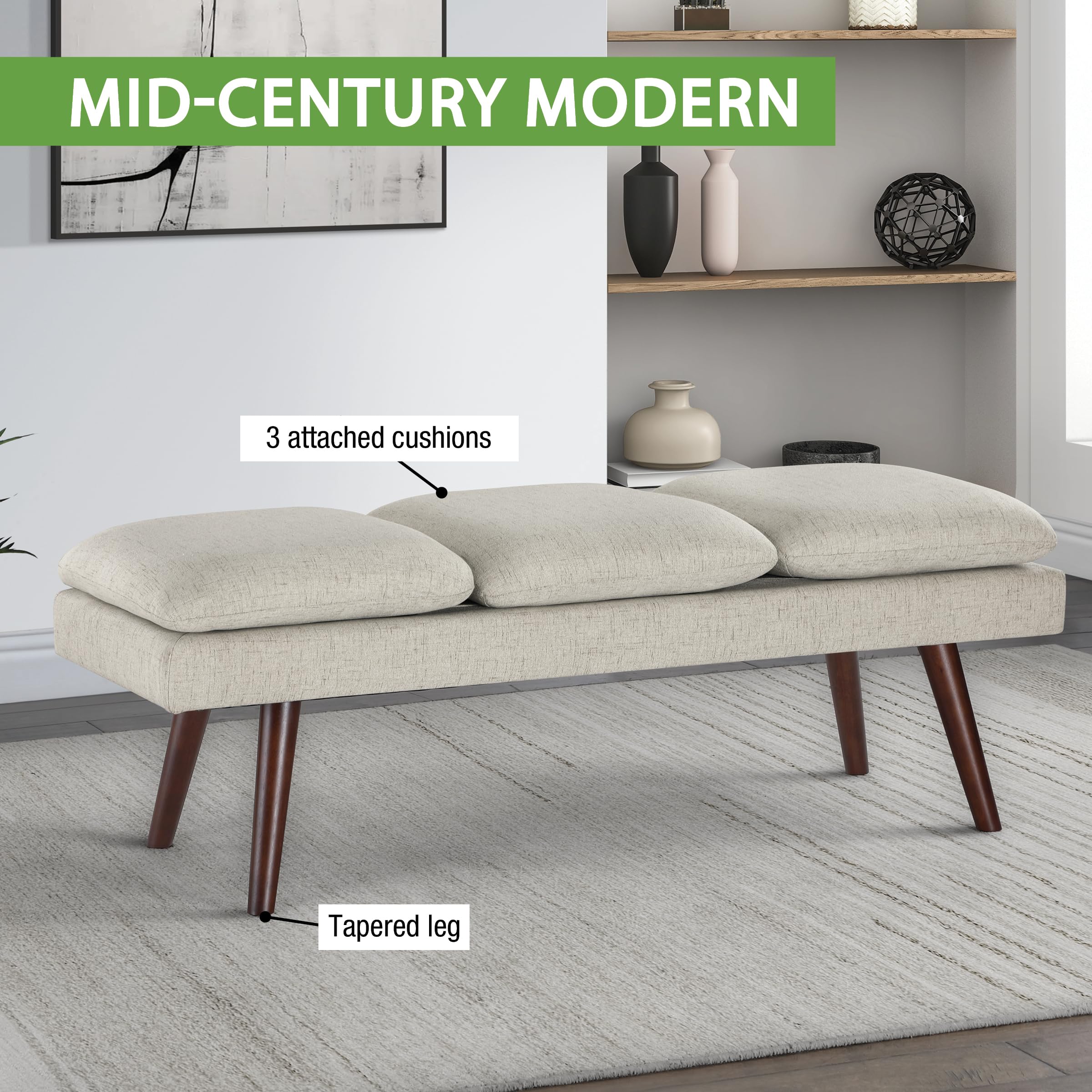 Amanda Mid-Century Modern Upholstered Bench 54-Inch Linen