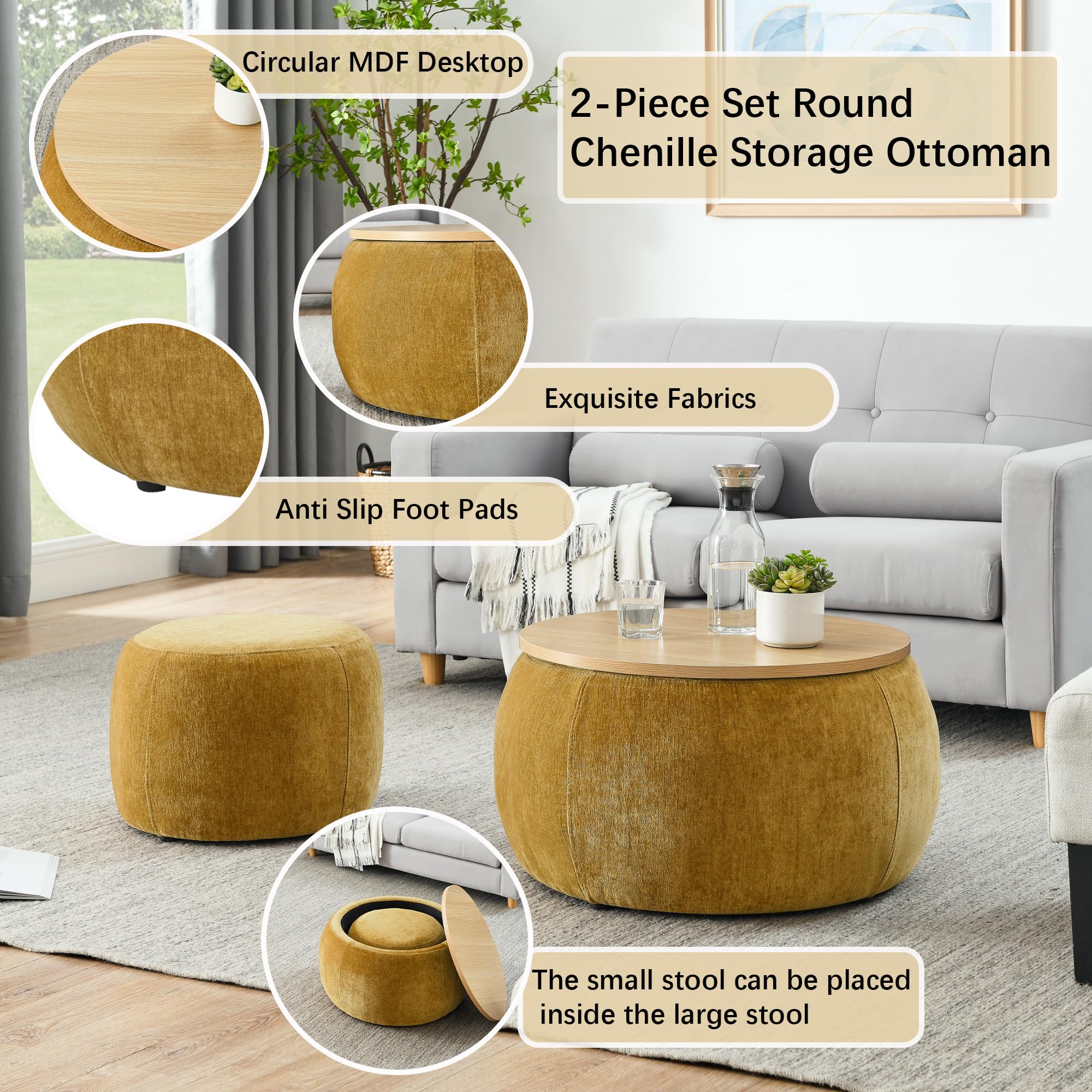 2-Piece Round Chenille Storage Ottoman Set with Drum Stool