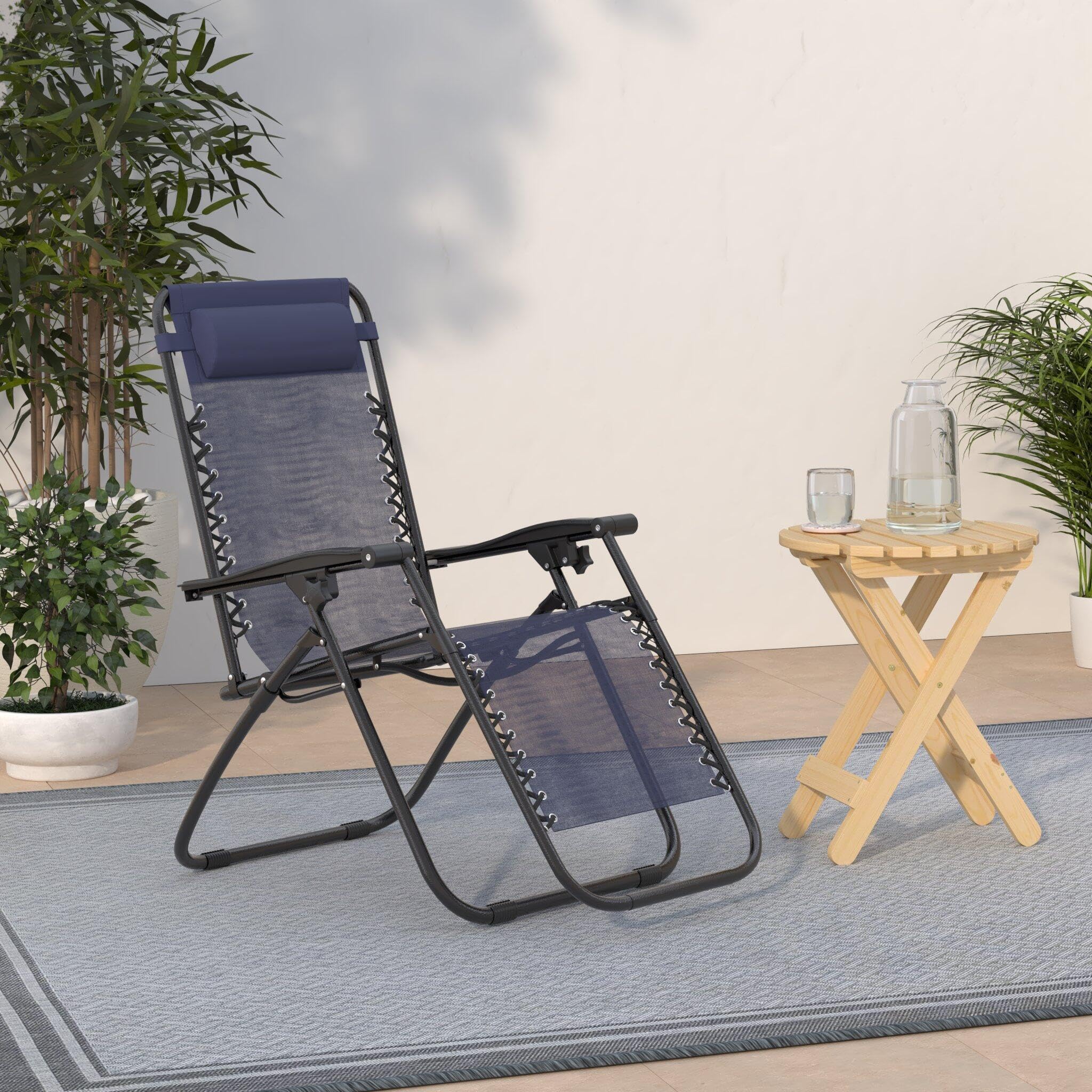 Devoko Patio Zero Gravity Chair Outdoor Folding Adjustable Reclining Chairs Pool Side Using Lawn Lounge Chair with Pillow Set of 2 (Dark Blue)