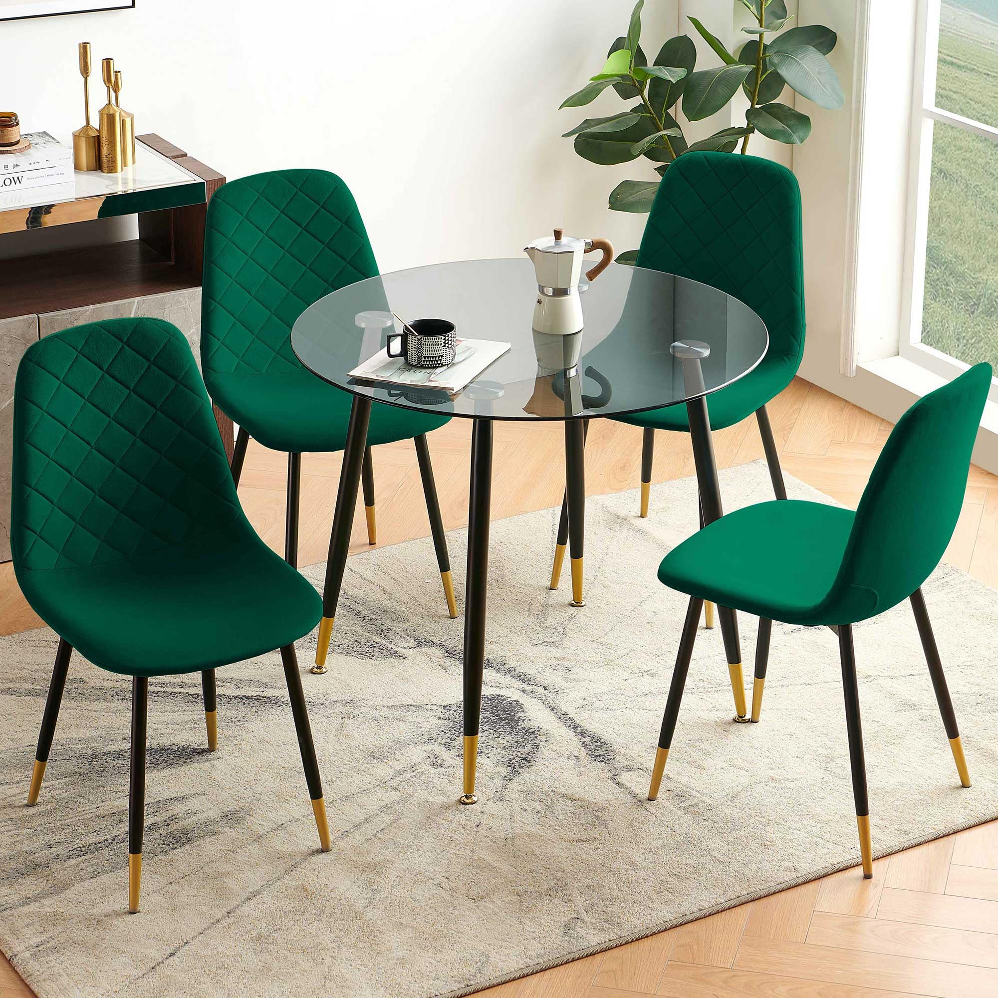 Tempered Glass Round Dining Table Set with 4 Green Velvet Chairs