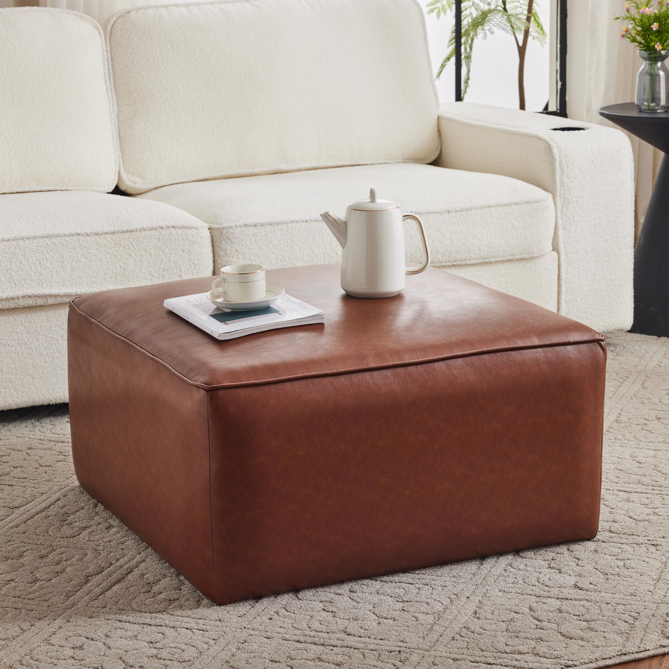Faux Leather Square Ottoman Footstool - Light Brown 30"