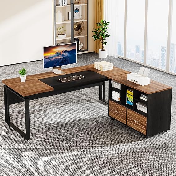 L-Shaped Executive Desk with Reversible File Cabinet 63 Inch