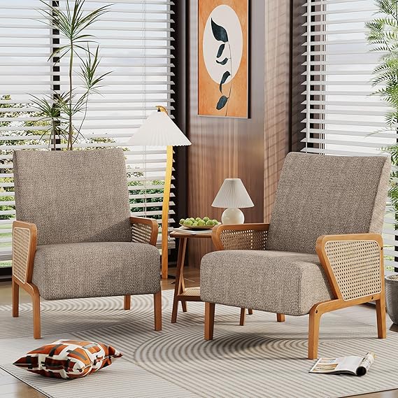 Natural Rattan Accent Chair with Tufted Back