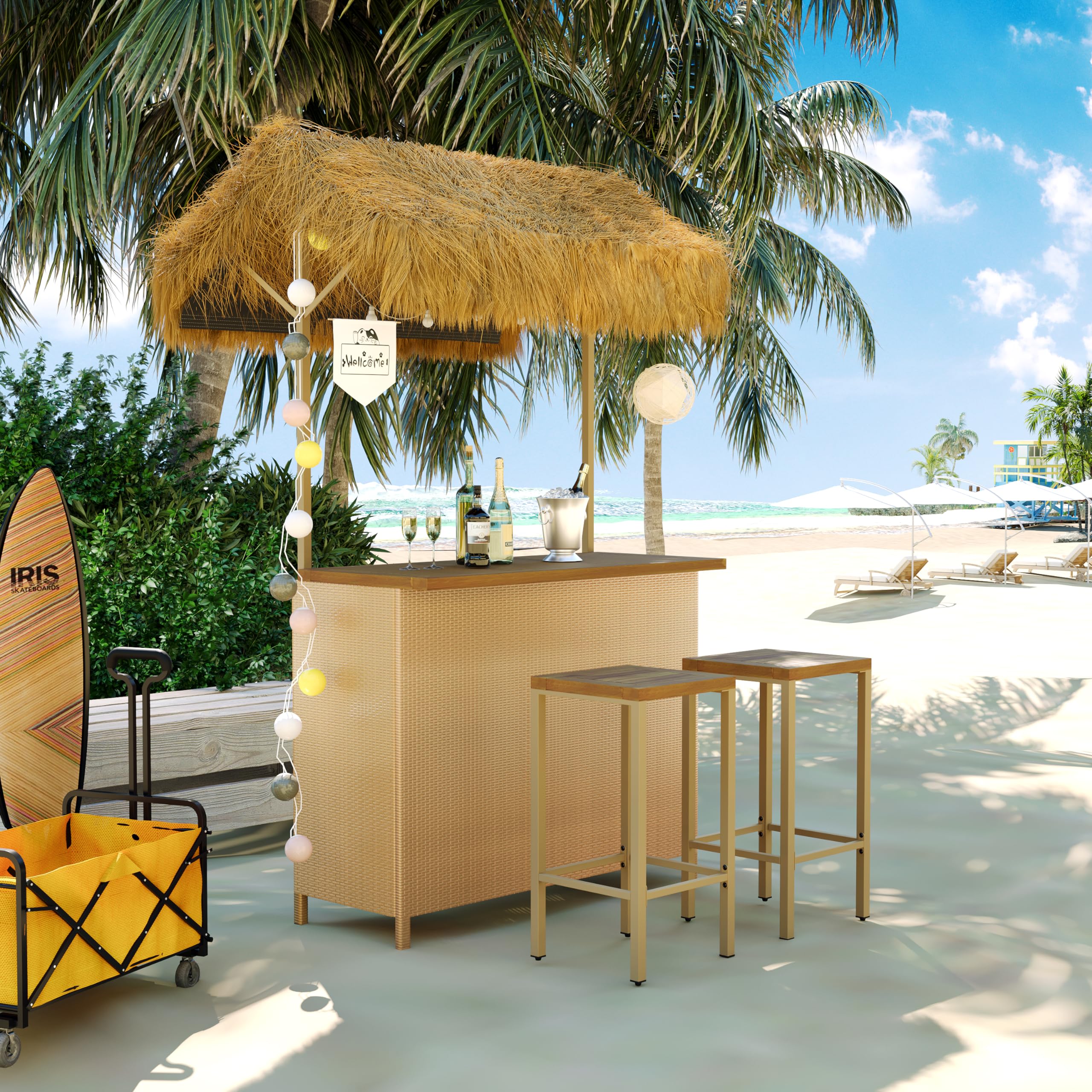 Hawaiian Style Outdoor Bar Set with 2 Stools