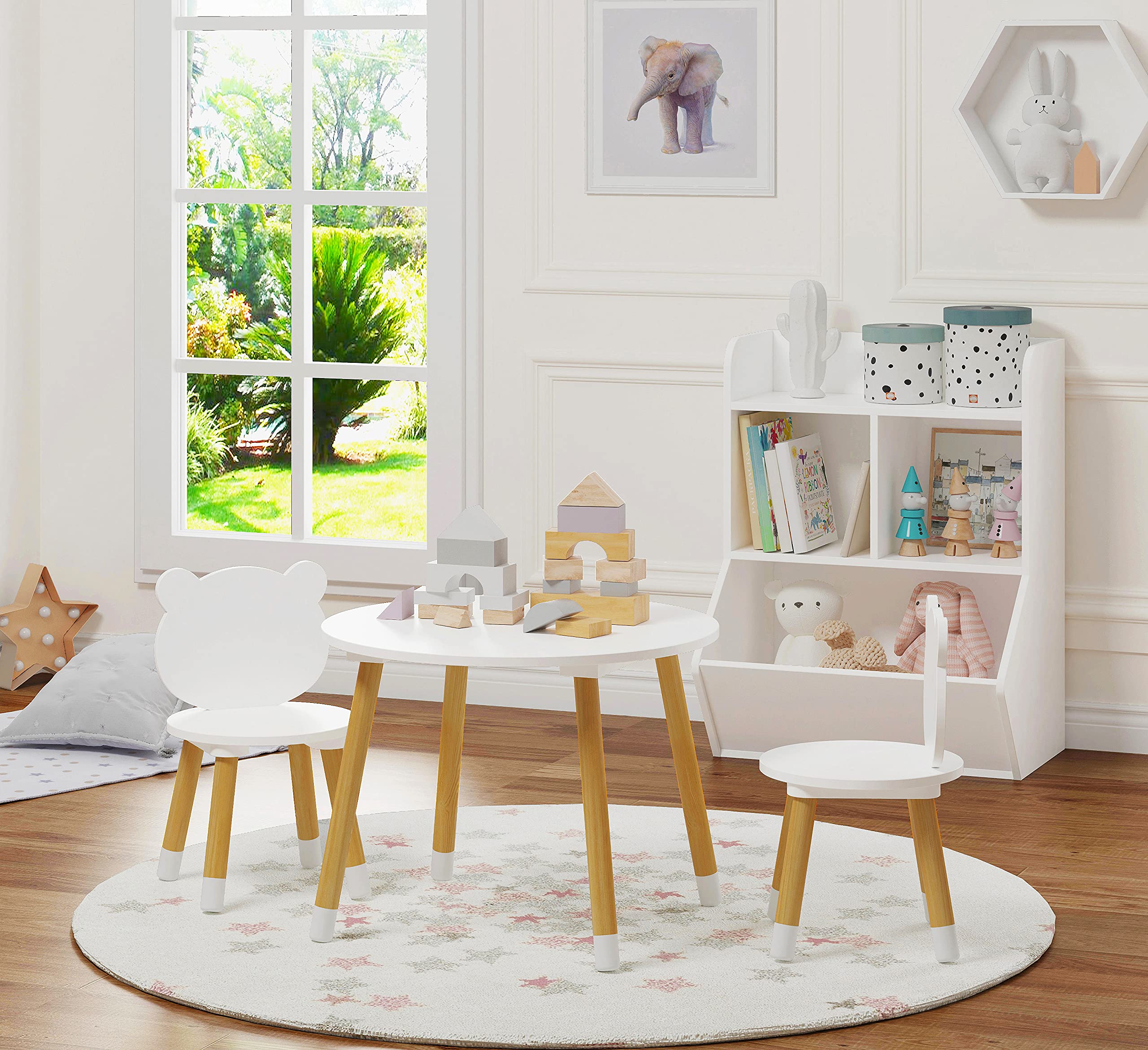 UTEX Kids Wood Table and Chair Set, Kids Play Table with 2 Chairs,3 Pieces Wood Round Table for Toddlers, Girls, Boys,White