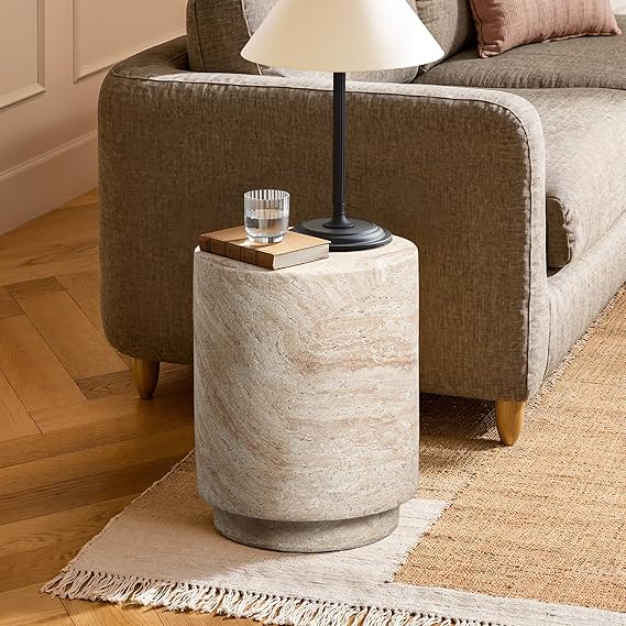 Outdoor Accent Side Table 18 Inch Round Travertine Style Ribbed Cement