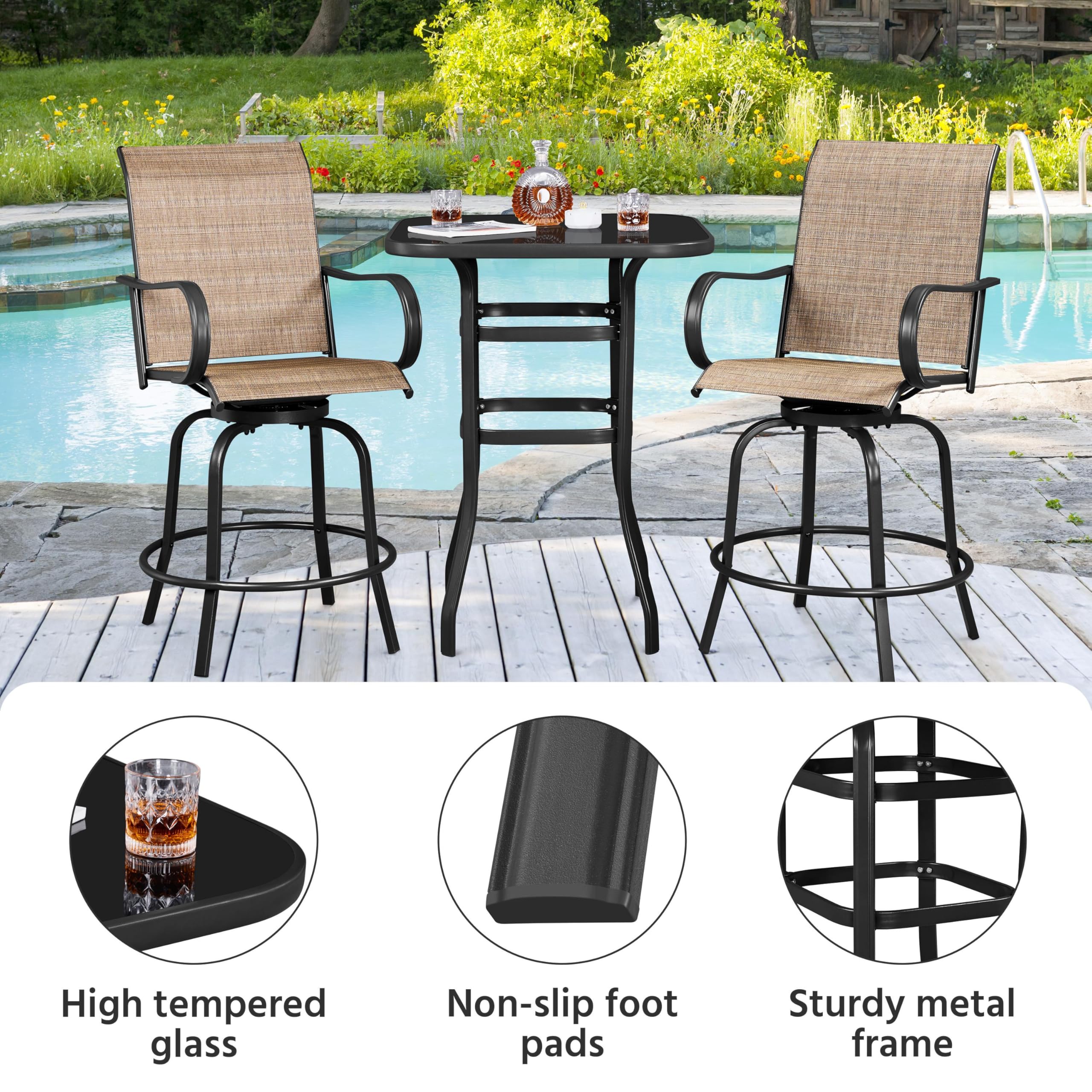 Patio Bar Table Tempered Glass Square Black
