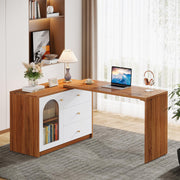 L-Shaped Computer Desk with Drawers and Reversible Storage Cabinet
