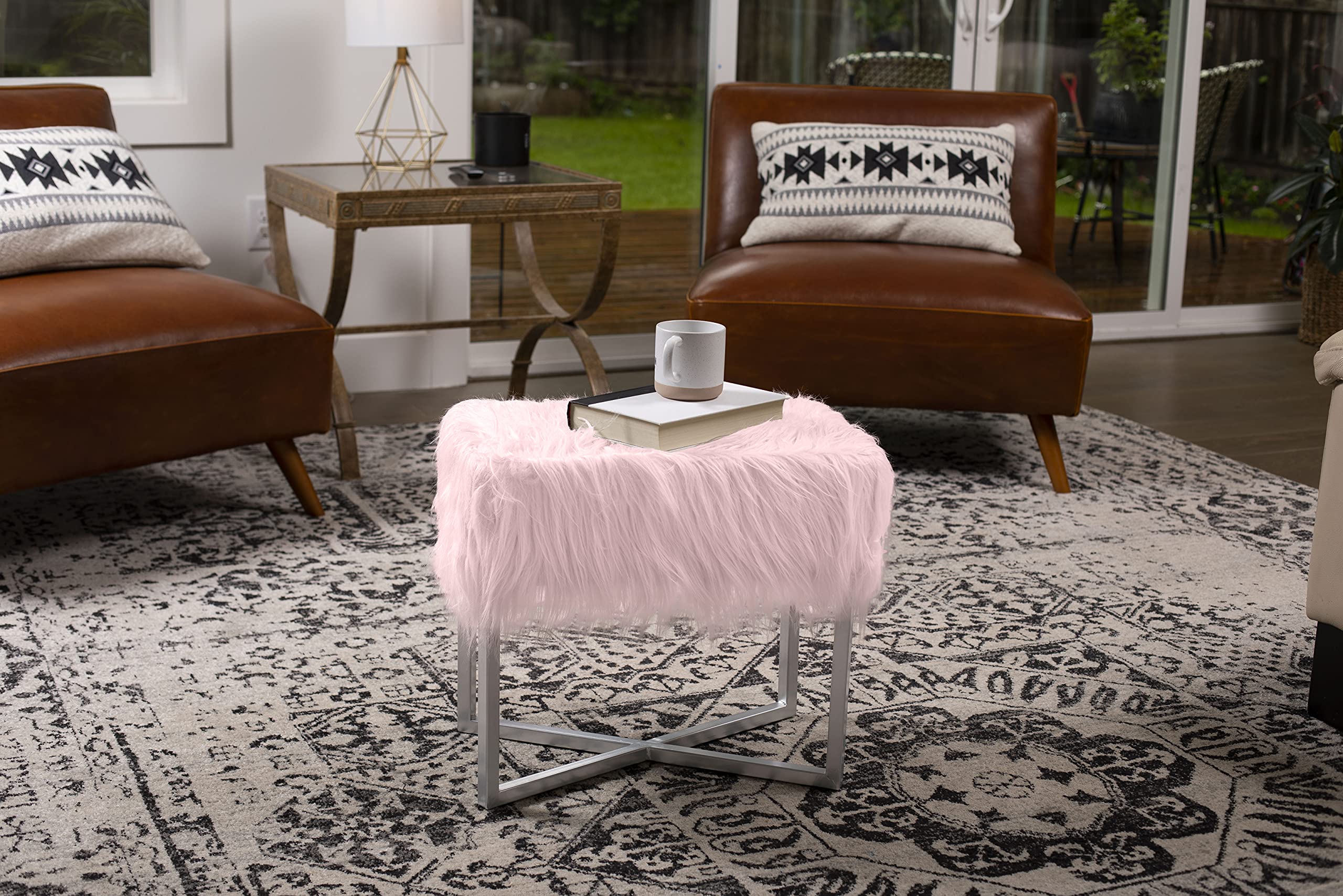Rectangular Faux Fur Vanity Stool Ottoman Pink