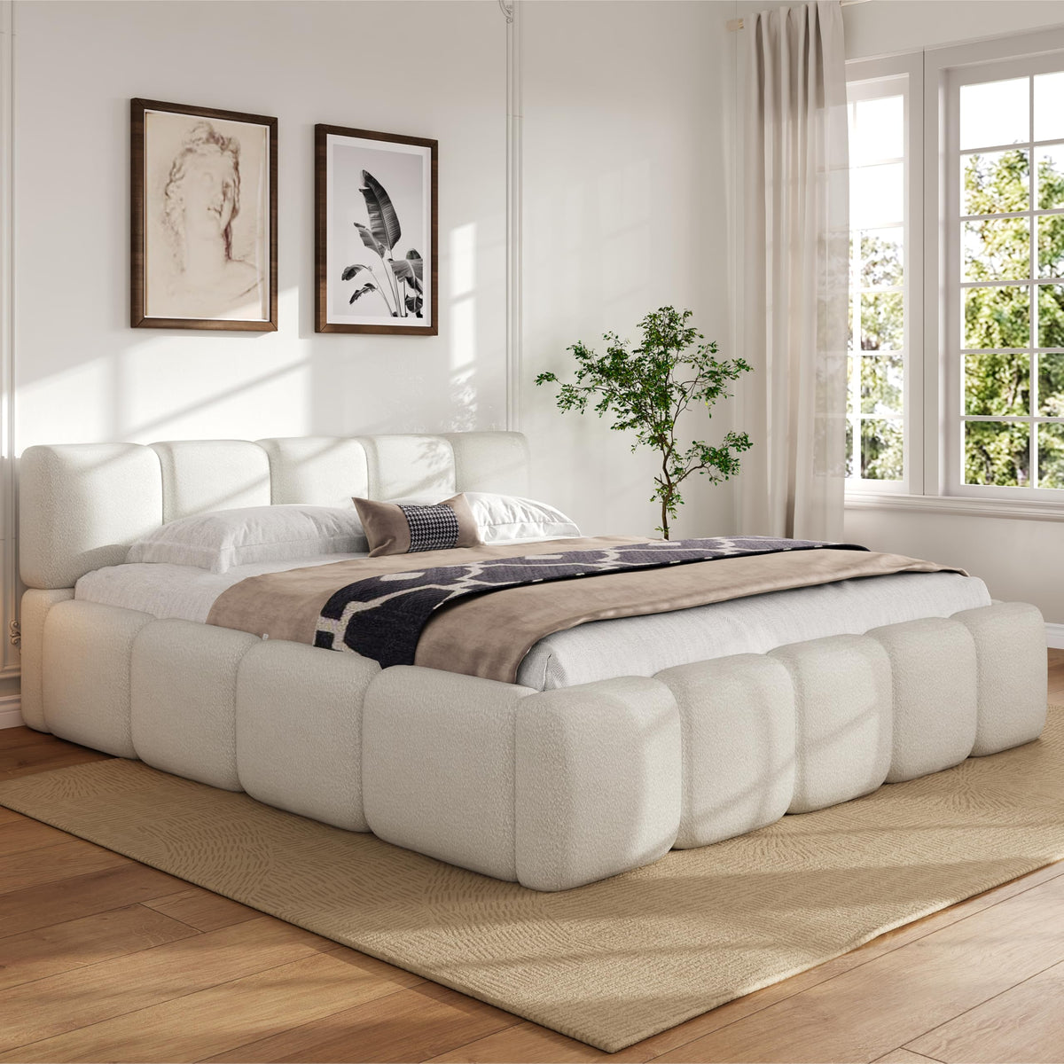 King Size Boucle Platform Bed with Thick Headboard
