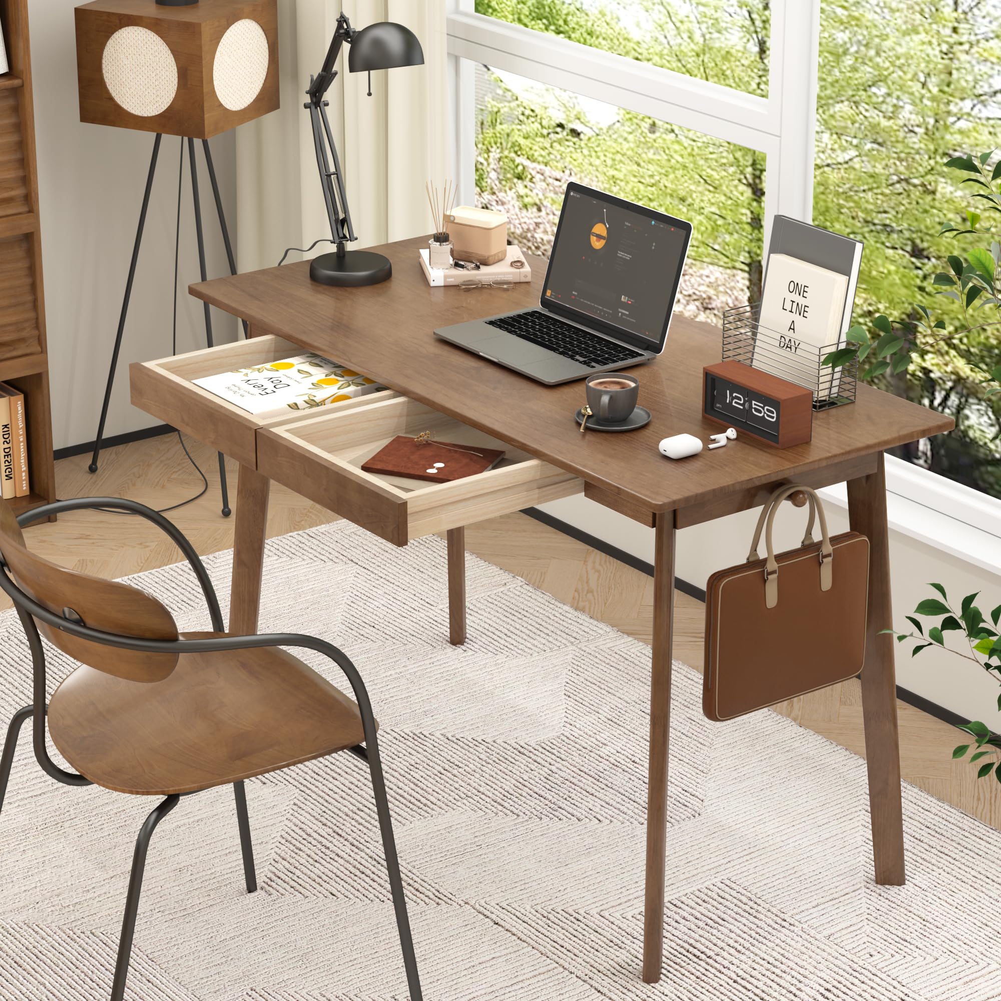 48-Inch Solid Wood Desk with Drawers and Hooks