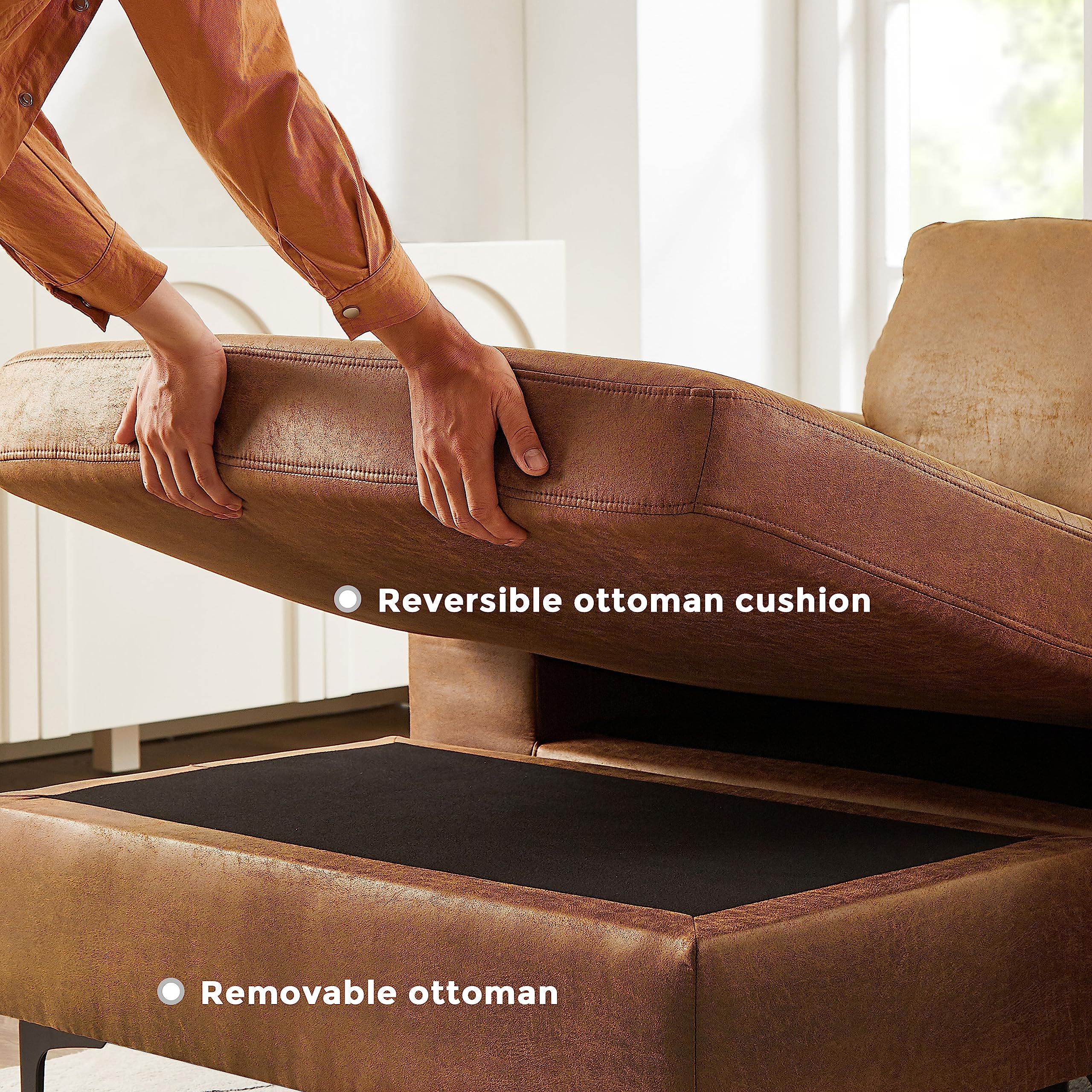 VANOMi Faux Leather Couch for Living Room, 100" Sofas & Couches with Convertible Chaise 3-Seater Sectional Sofas for Living Room, Apartment, Office, Brown