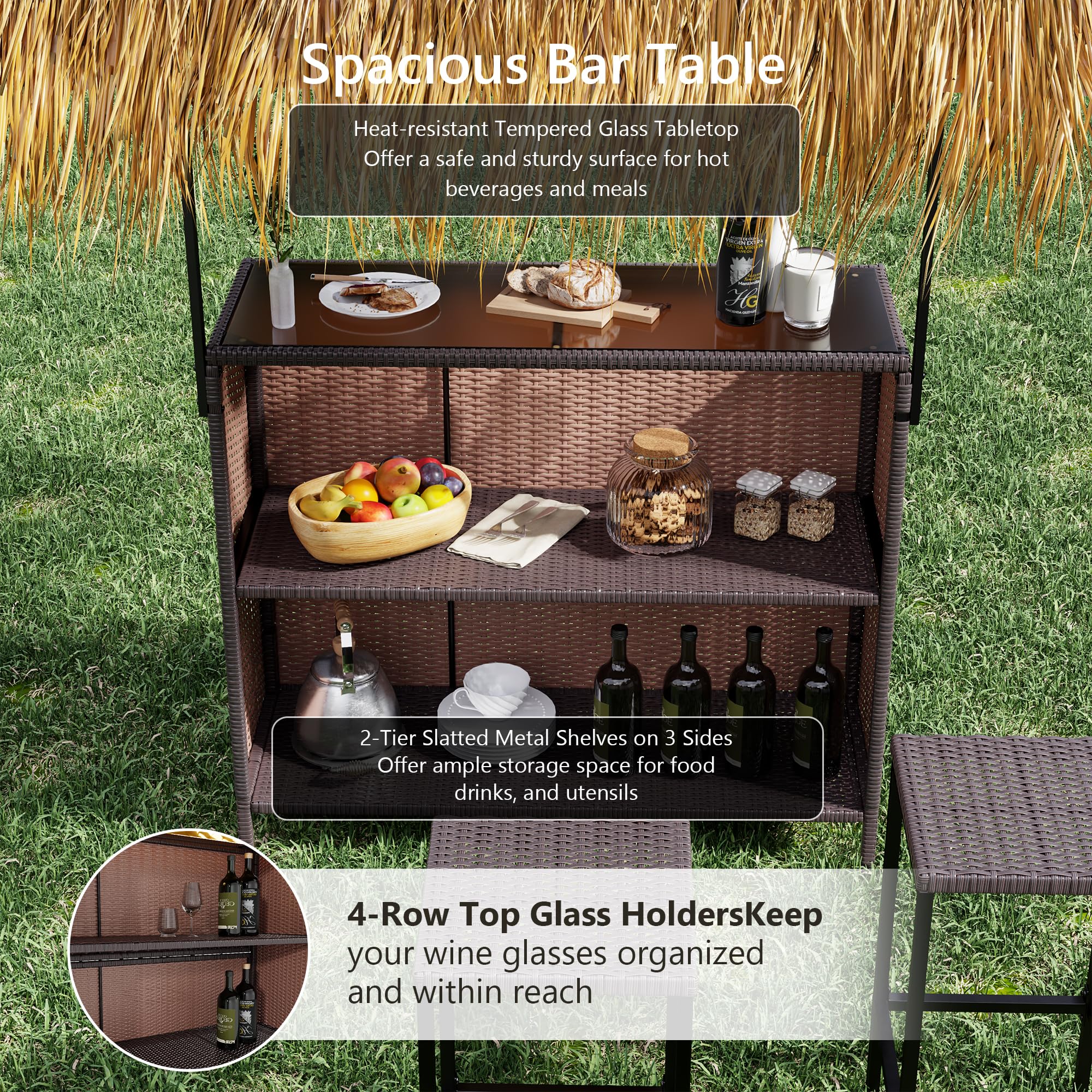 Phuket Patio Tiki Bar Set with Tempered Glass Top
