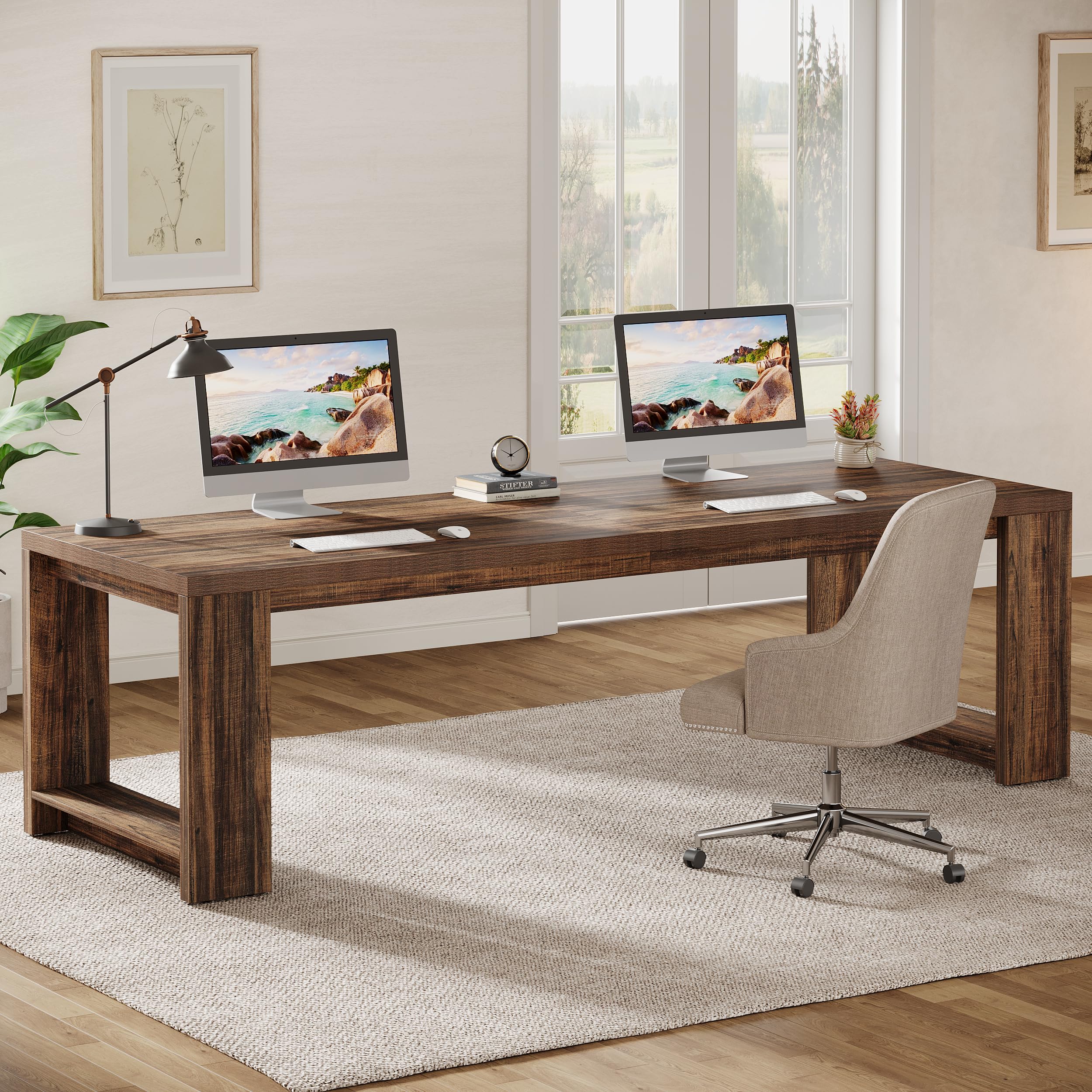 Two-Person Executive Desk 86.6" Rustic Brown
