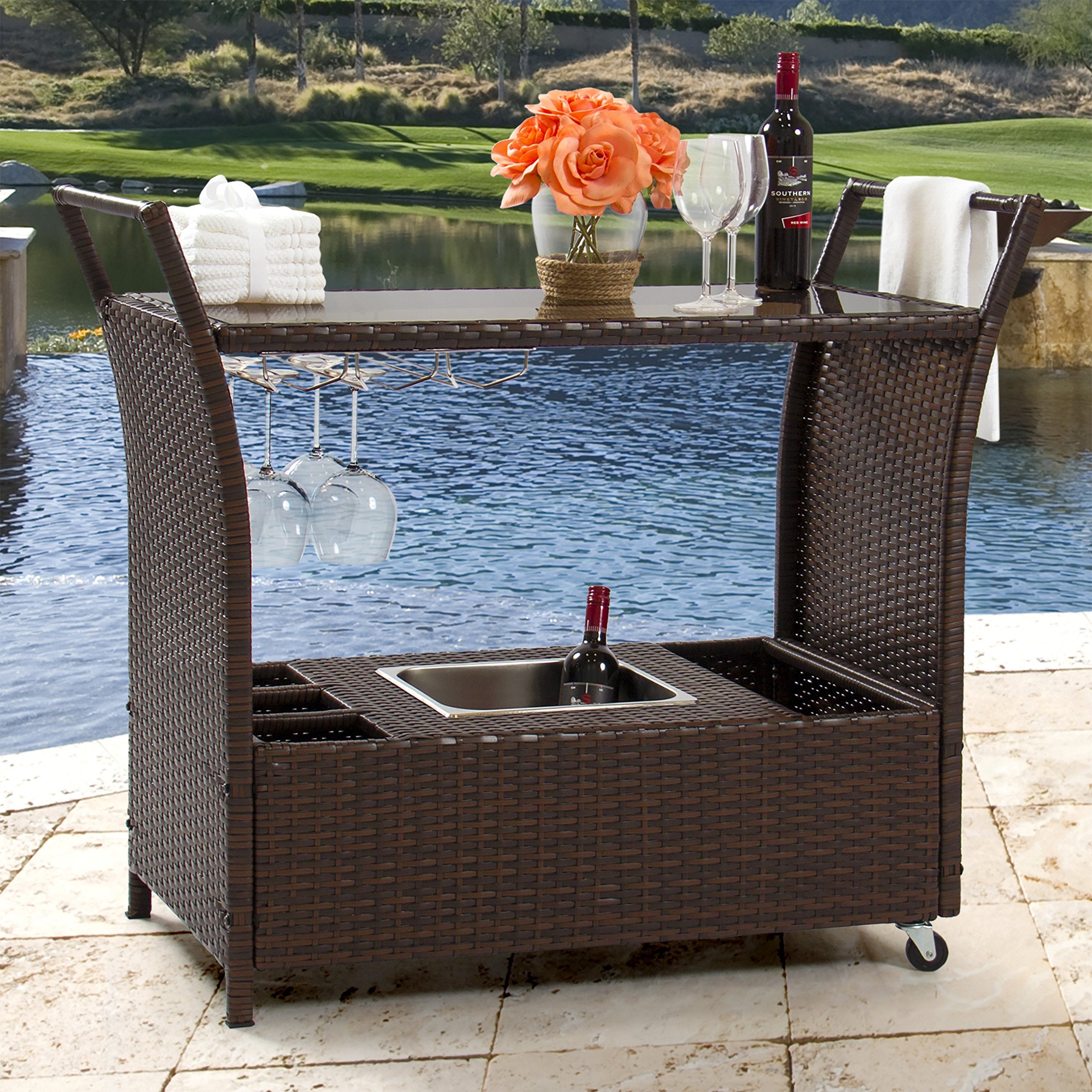 Outdoor Rolling Wicker Bar Cart with Glass Top
