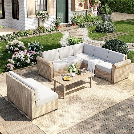5 Piece Outdoor Rattan Wicker Sectional Sofa Set with Coffee Table