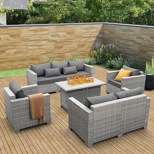 5-Piece Outdoor Sectional Sofa Set with Fire Pit Table