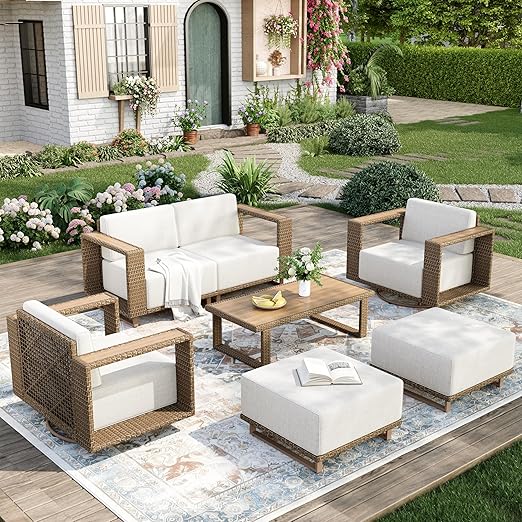 MIXPATIO Outdoor Patio Furniture Set, 6 Piece Outdoor Rattan Wicker Sofa Couch Set, Sectional Outdoor Conversation Sets with 10" Extra Thick Cushions for Deck Backyard Lawn