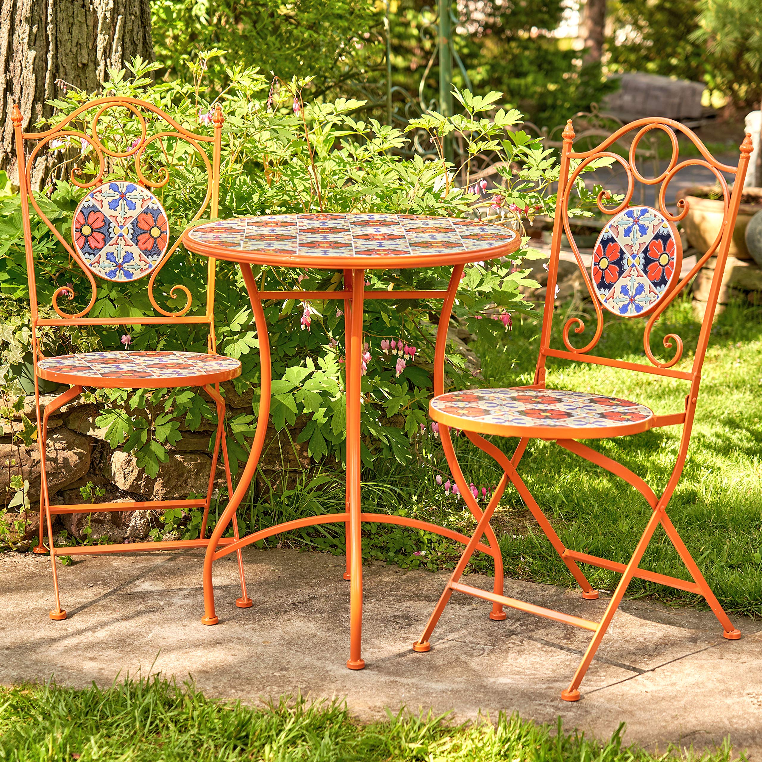 Mosaic Tile Bistro Set with Folding Chairs