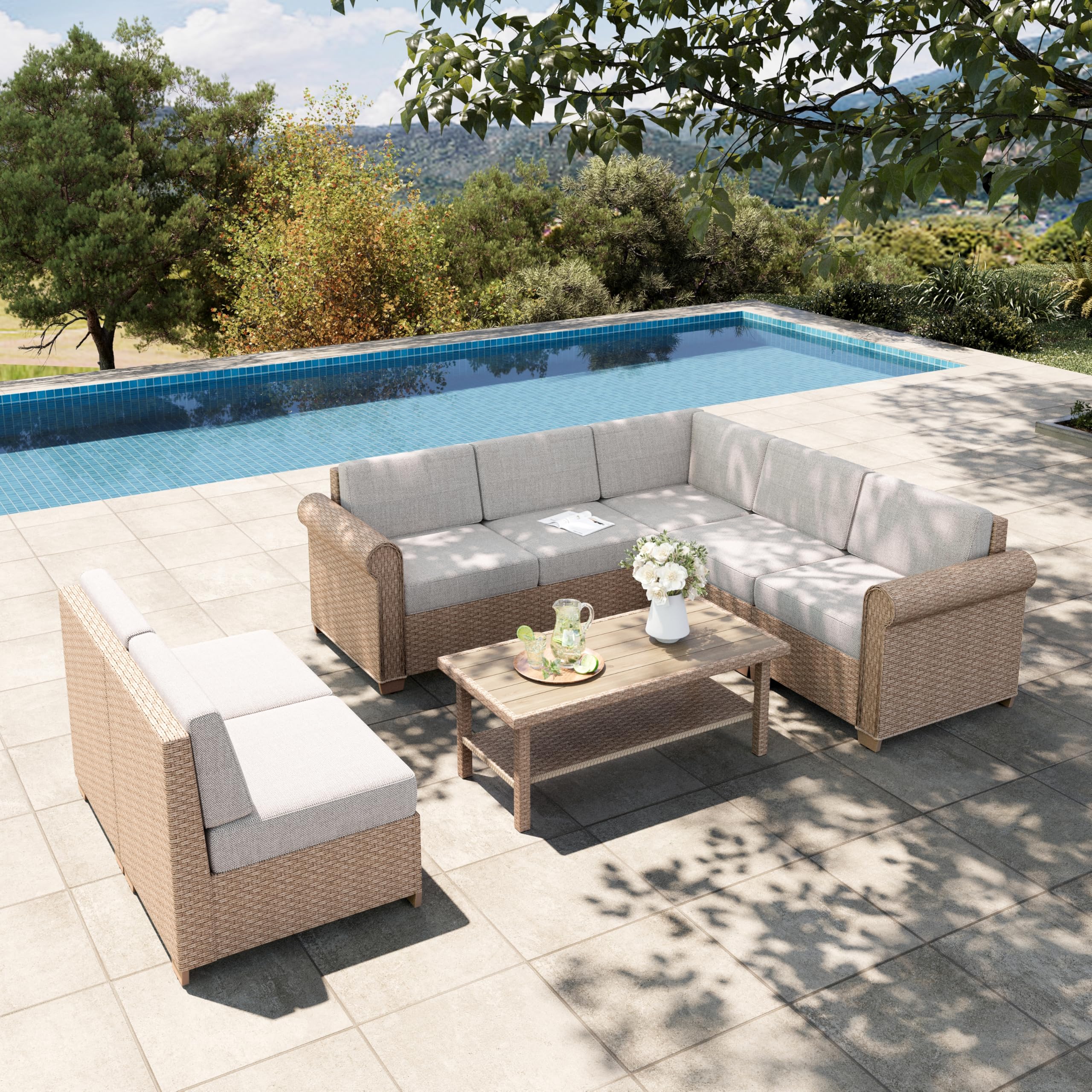 7-Seat Outdoor Sectional Wicker Sofa Set with Coffee Table