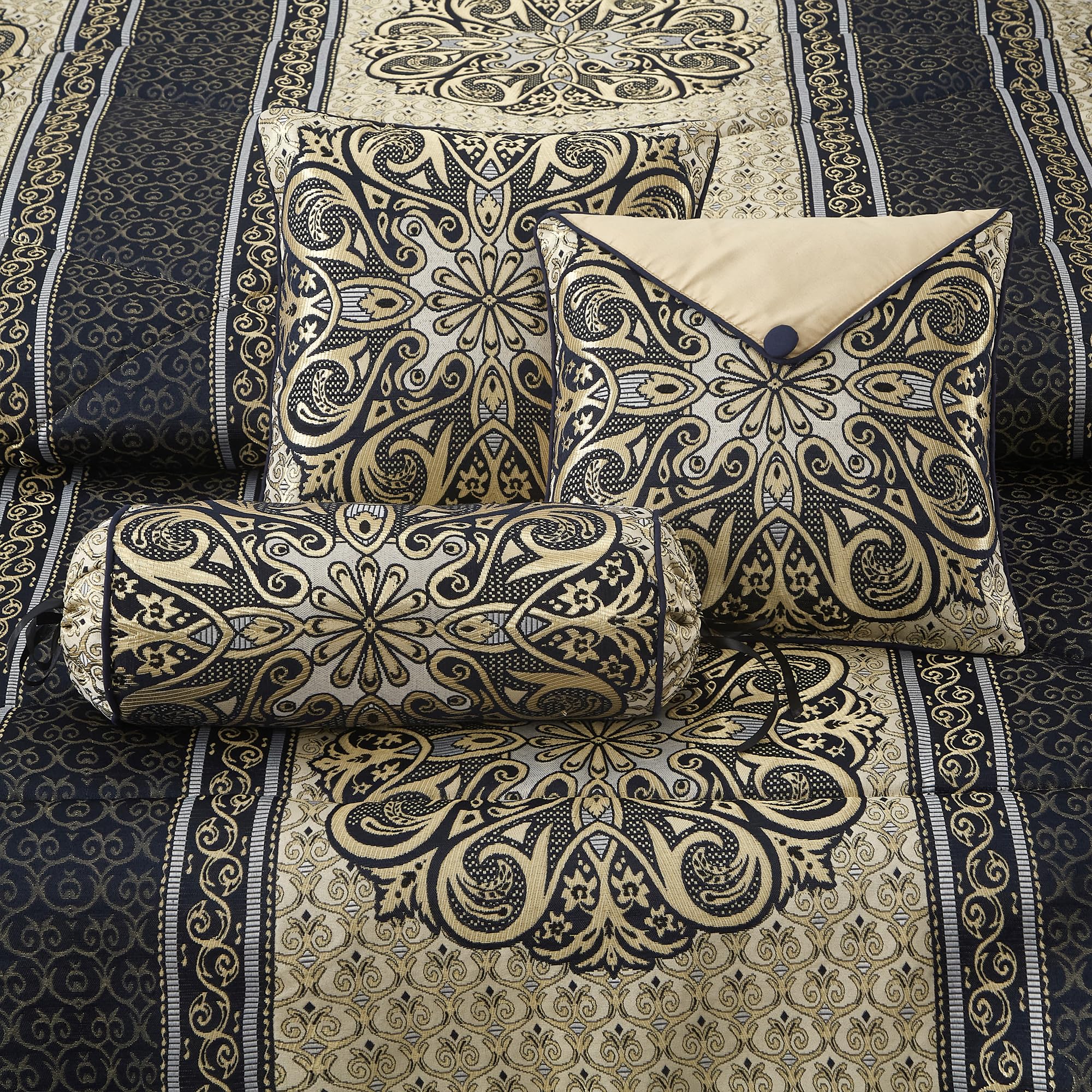 California King Comforter Set Navy Medallion Jacquard 7 Piece