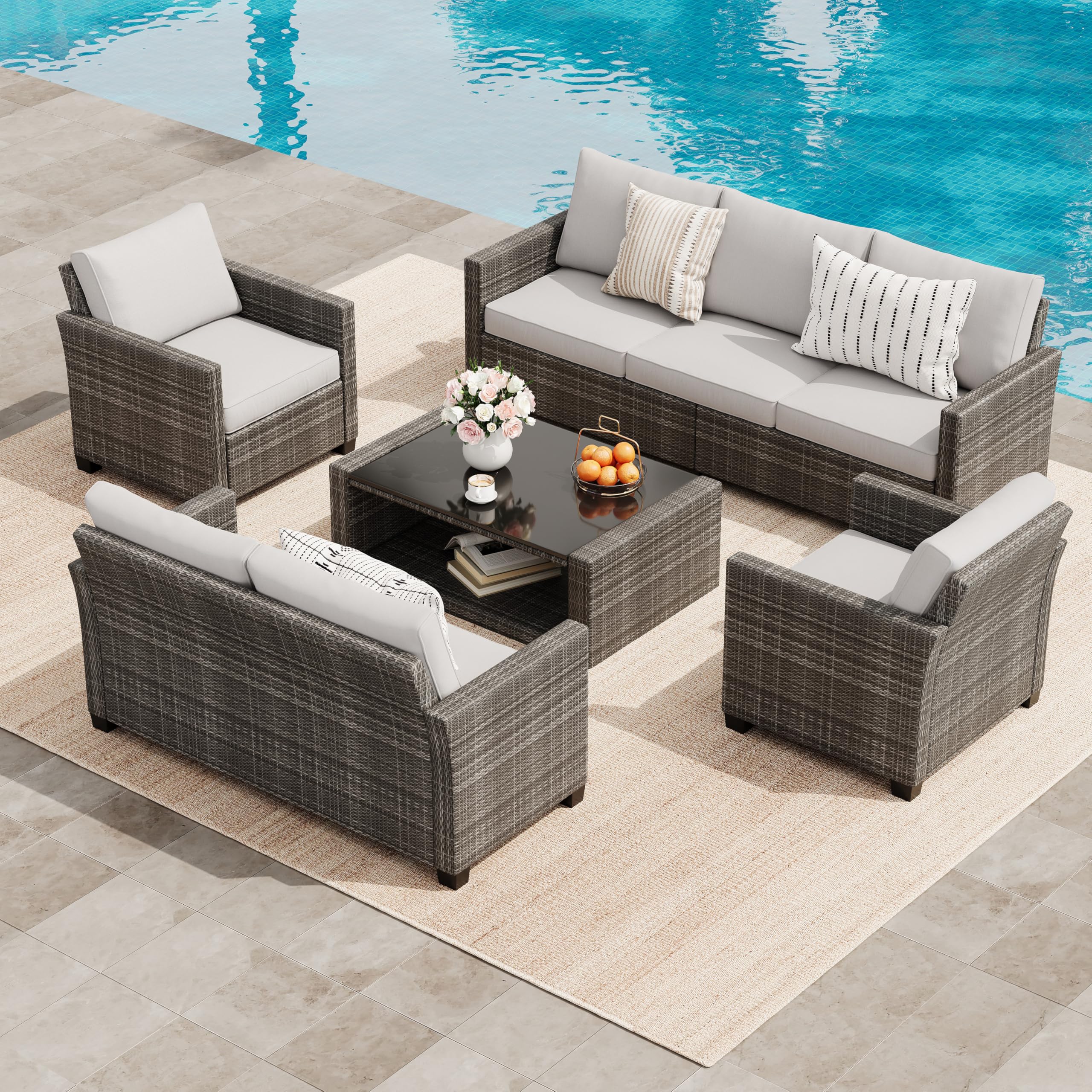 7-Seat PE Rattan Wicker Outdoor Sectional Conversation Set with Coffee Table