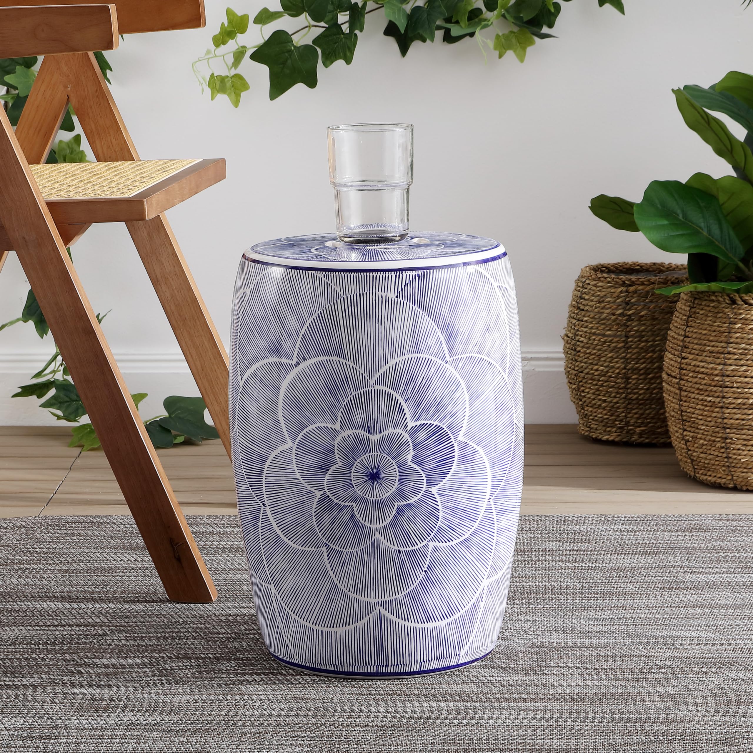Ceramic Drum Garden Stool 17" Blue White Floral