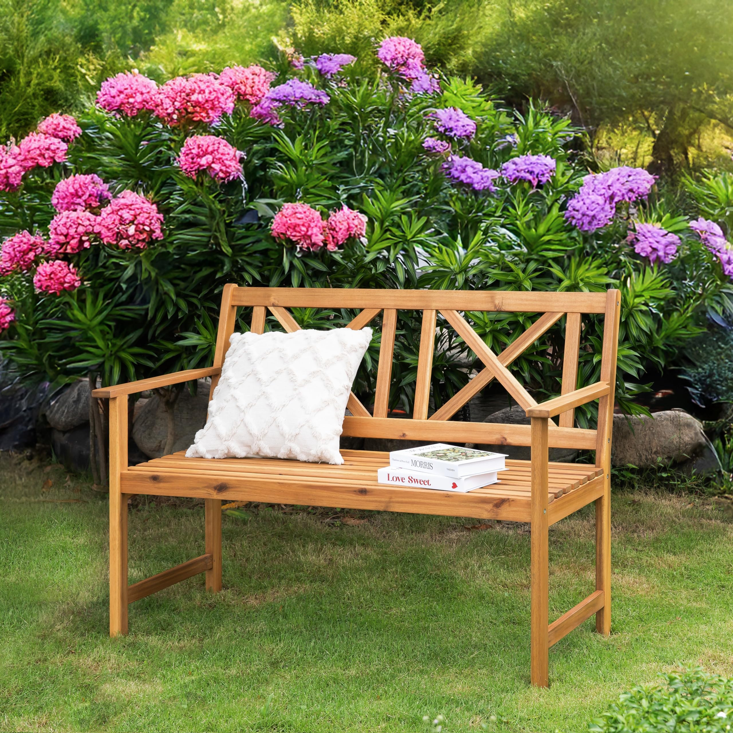 Outdoor Garden Bench with Cross Back Design