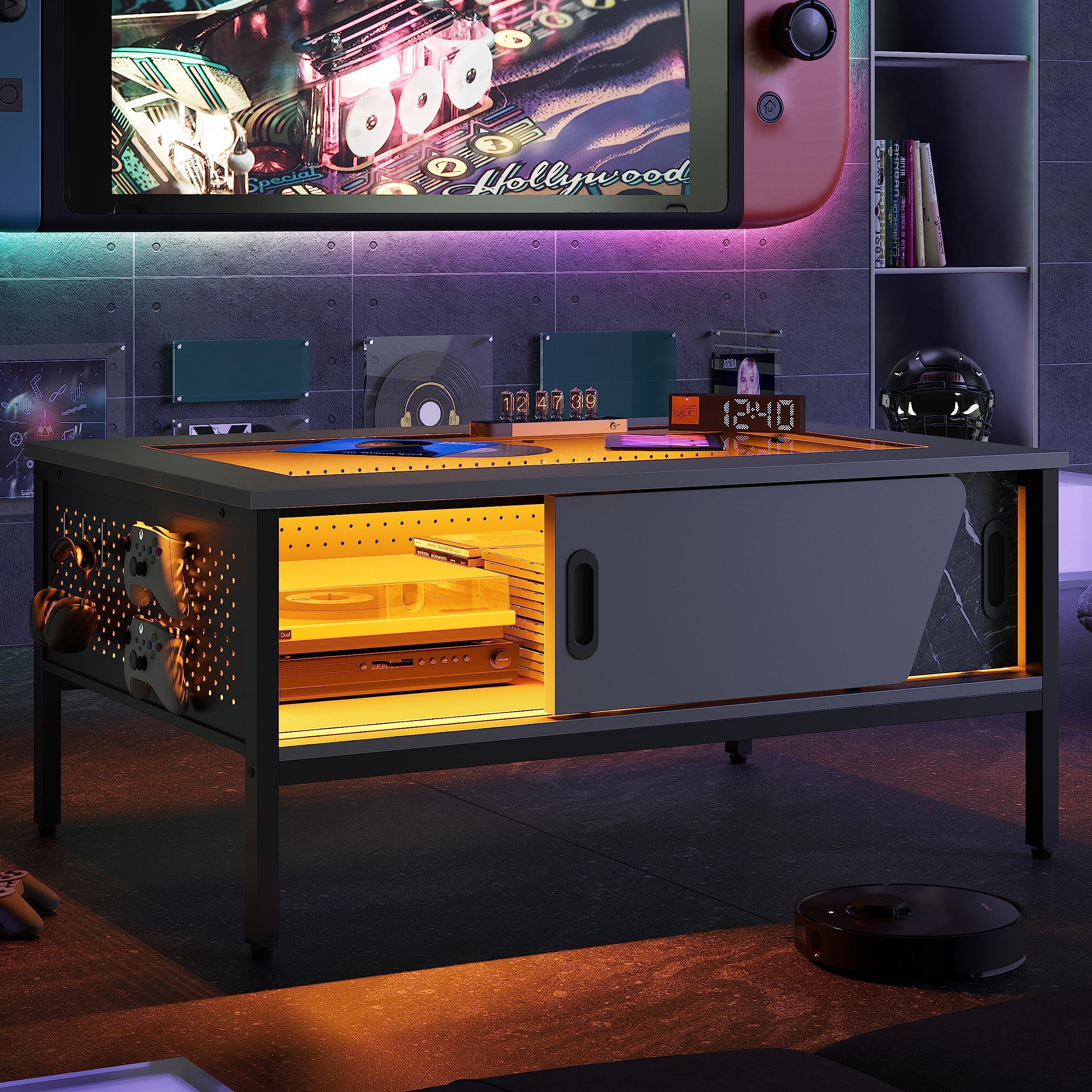 42 Inch LED Coffee Table with Storage and Glass Top