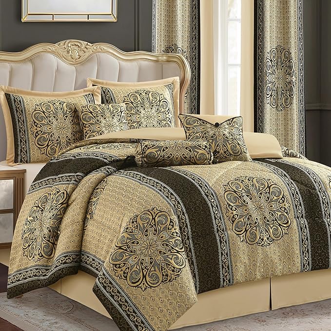 California King Comforter Set Navy Medallion Jacquard 7 Piece