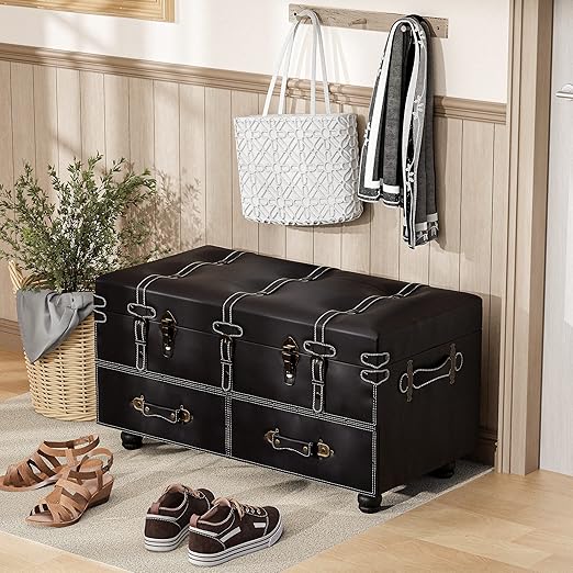 Vintage Storage Ottoman Bench with Buckle Closure