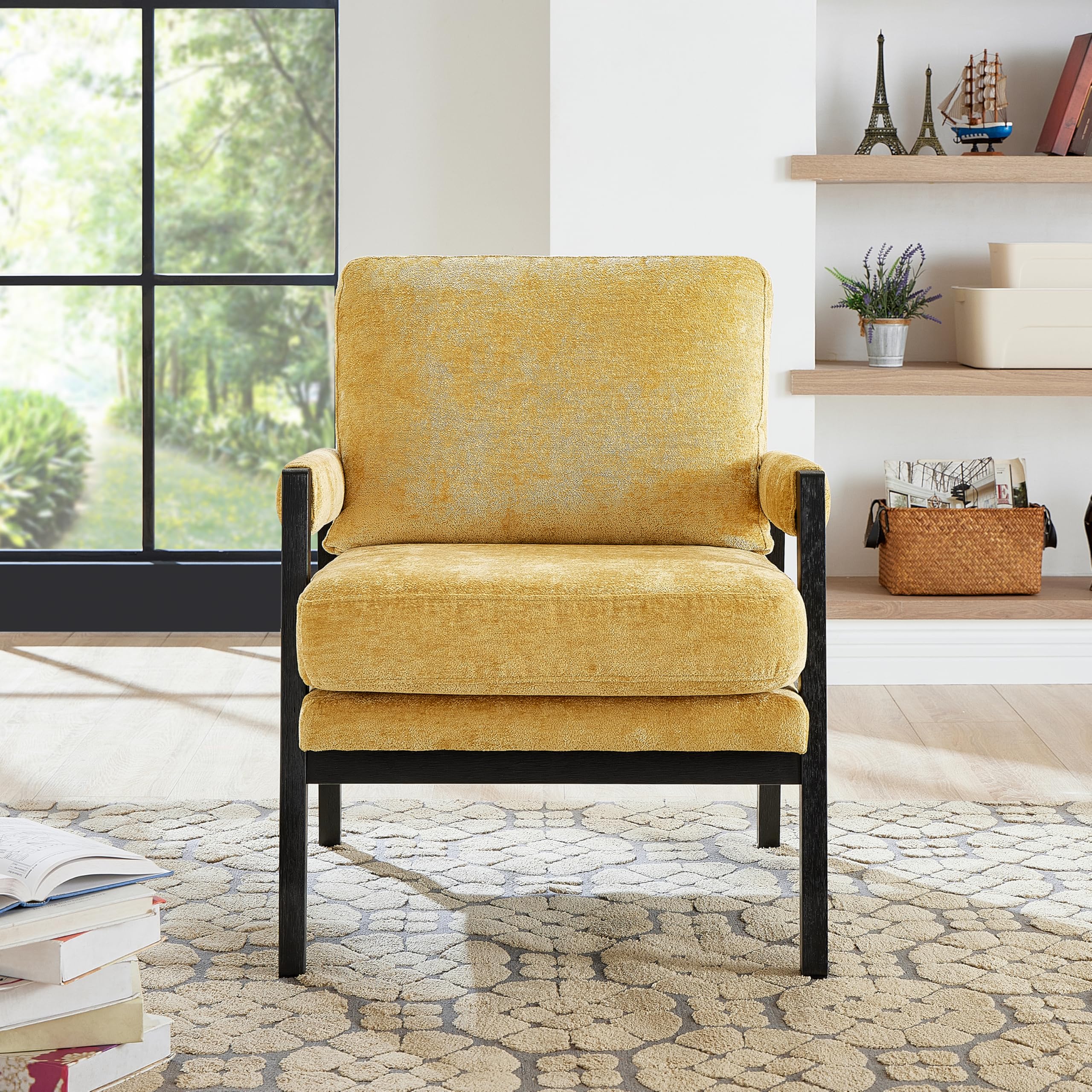Mid-Century Modern Chenille Accent Armchair Yellow