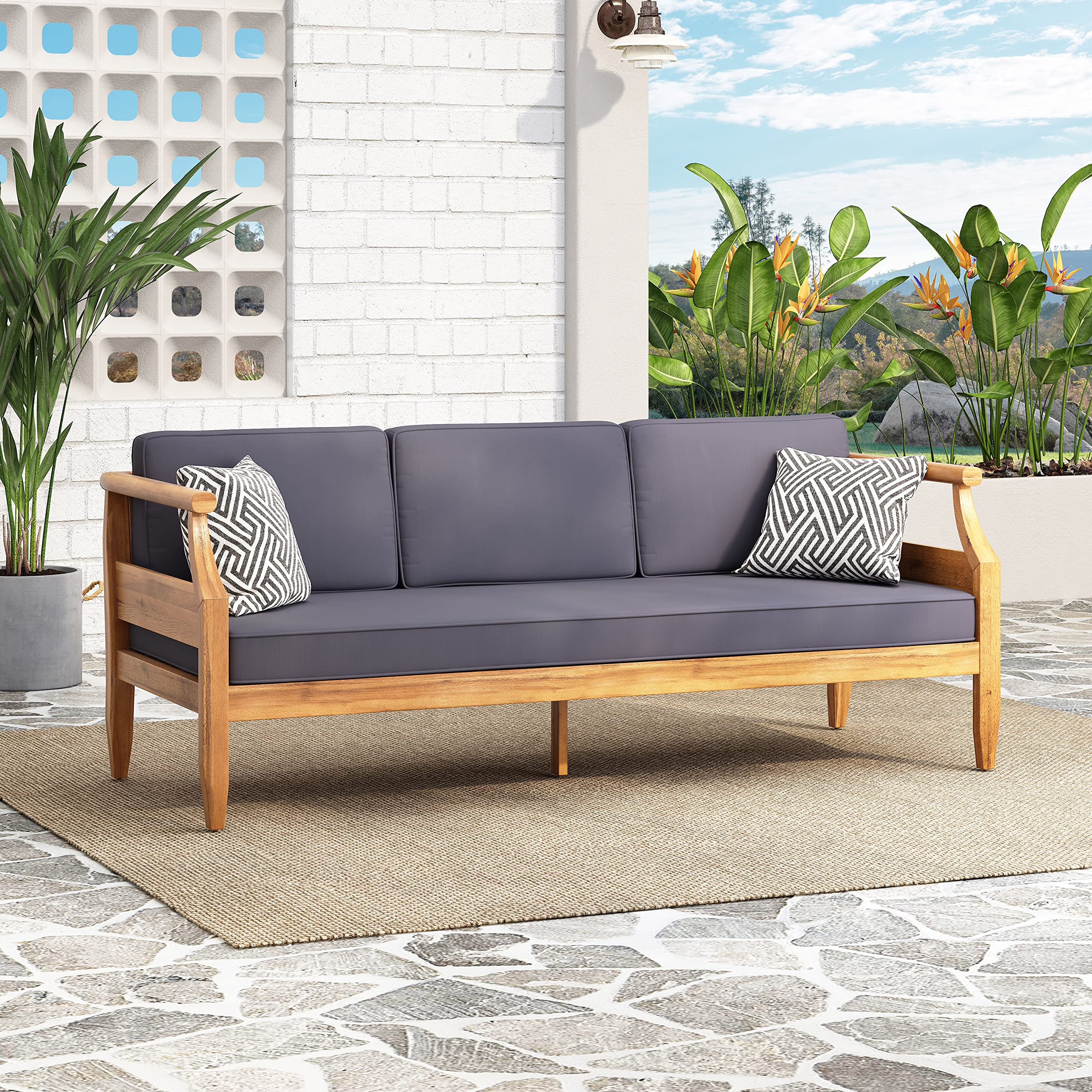 Outdoor 3 Seater Sofa - Acacia Wood - Teak and Dark Gray