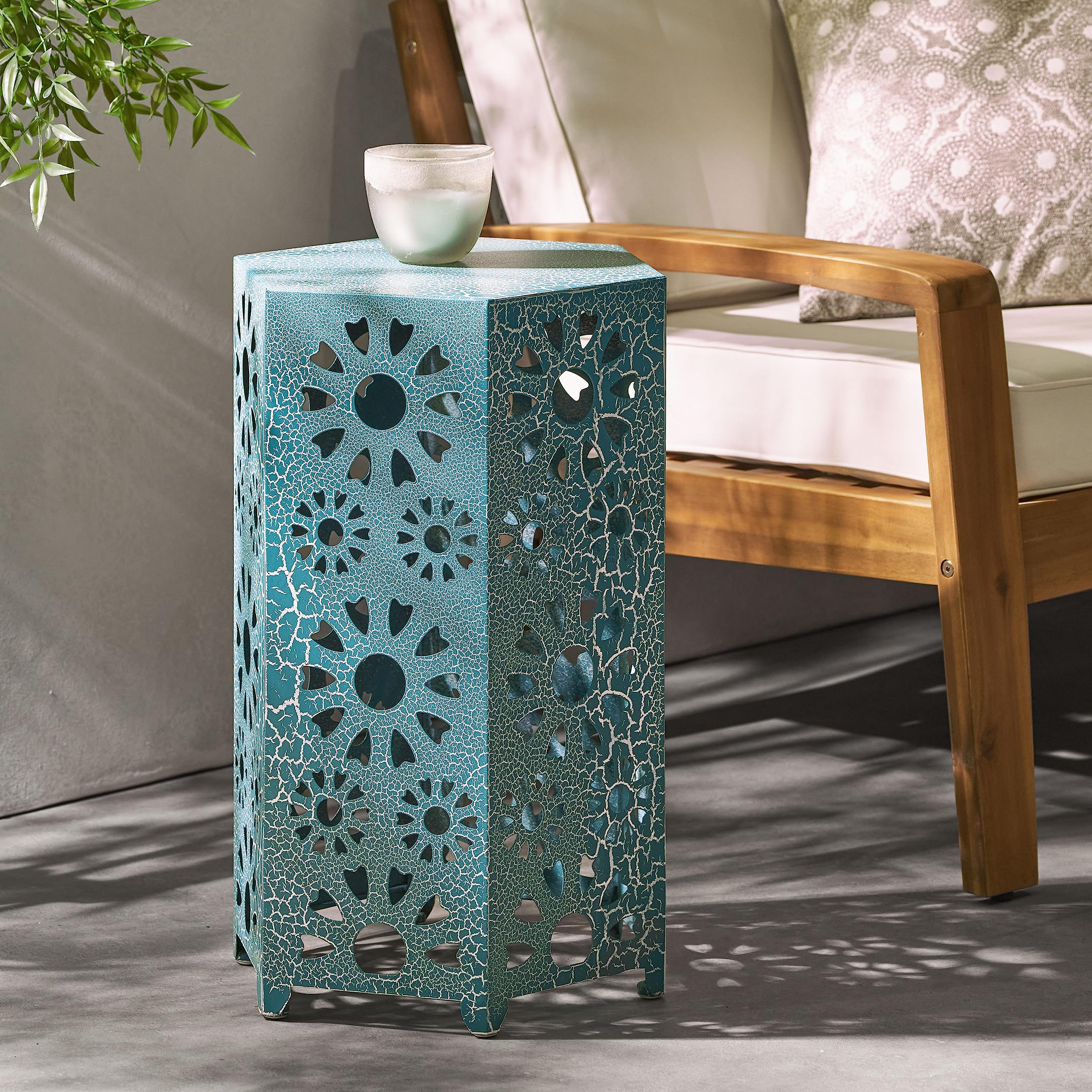 Hexagonal Outdoor Side Table with Sunburst Design