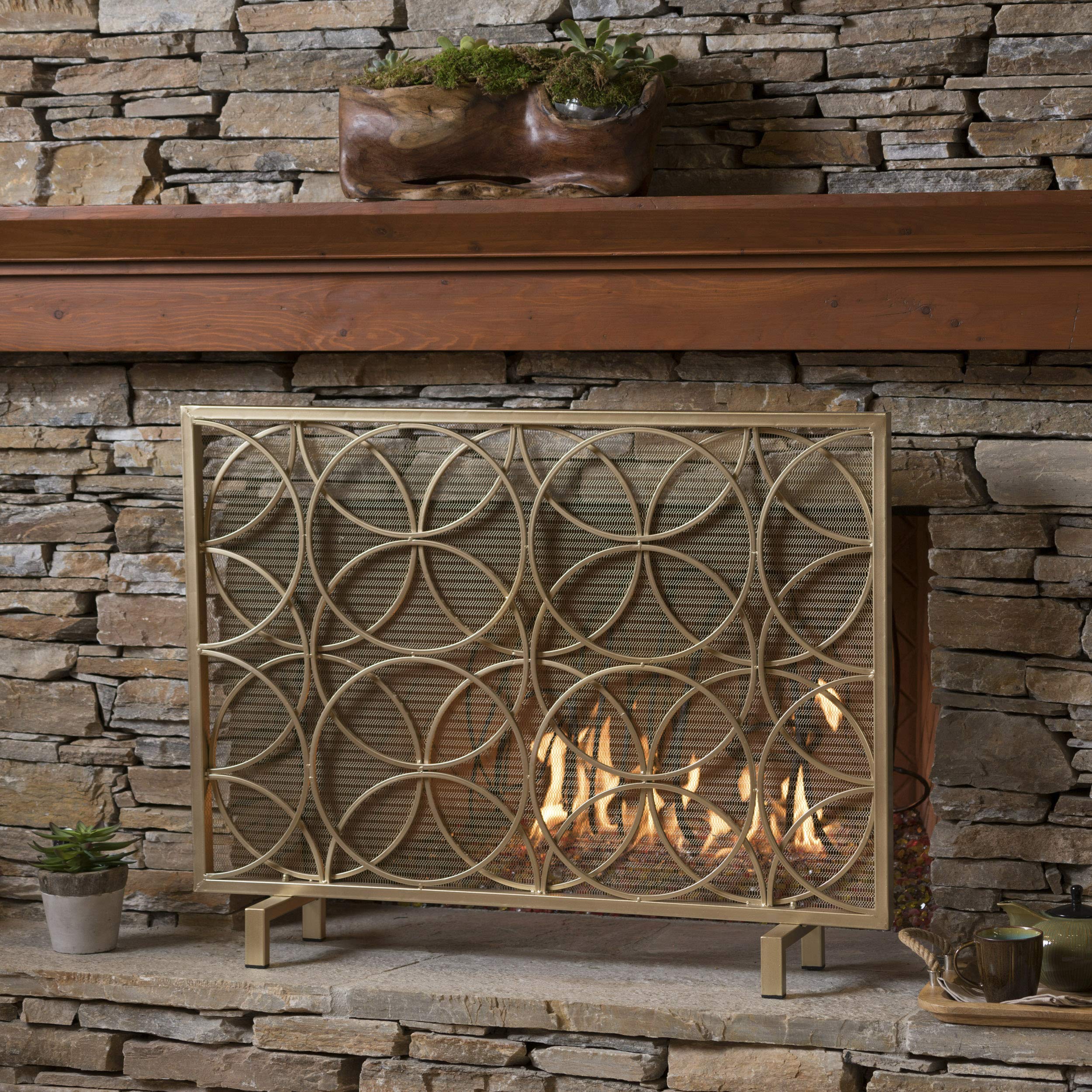 Single Panel Iron Fireplace Screen Gold