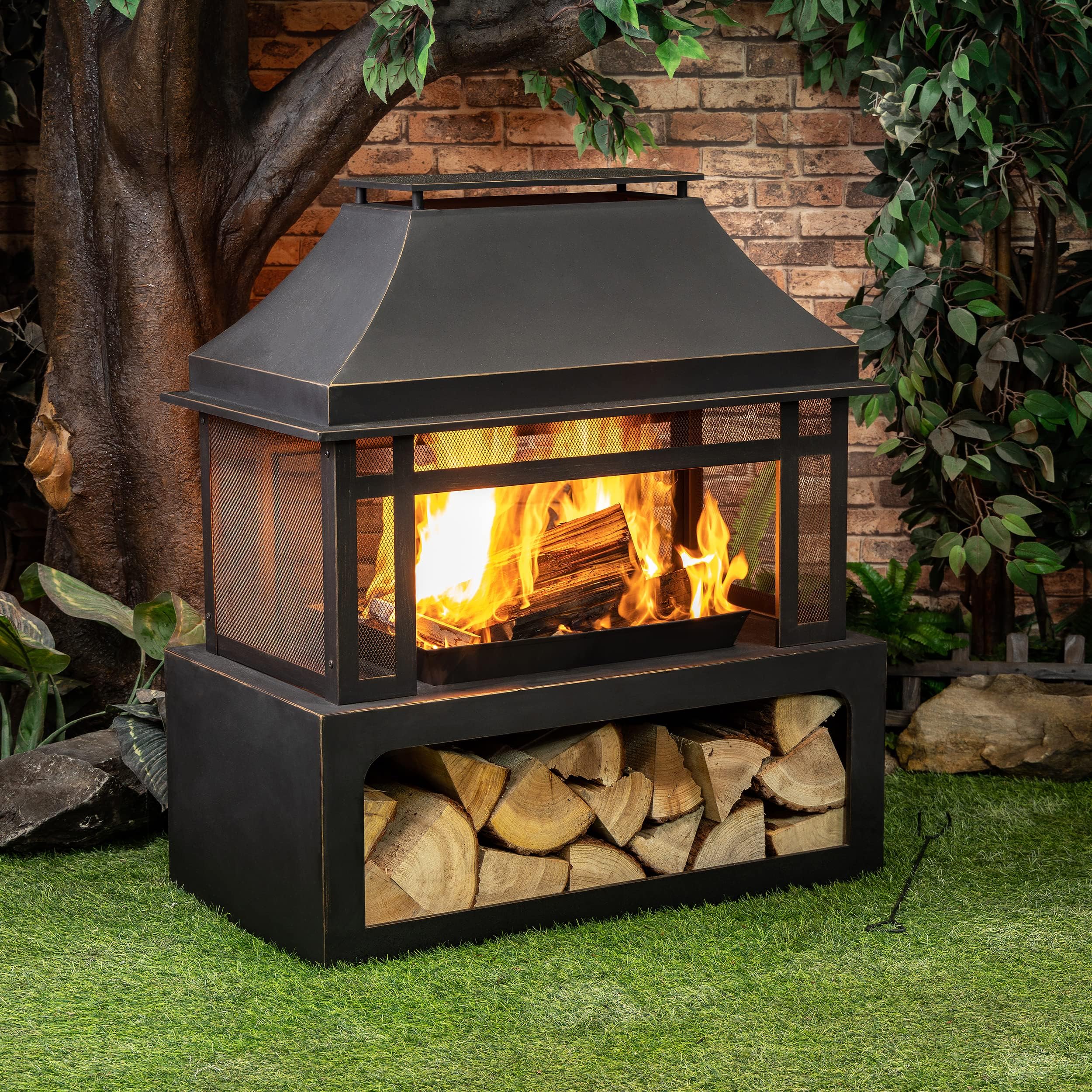 Outdoor Wood Burning Fireplace with Chimney and Grill