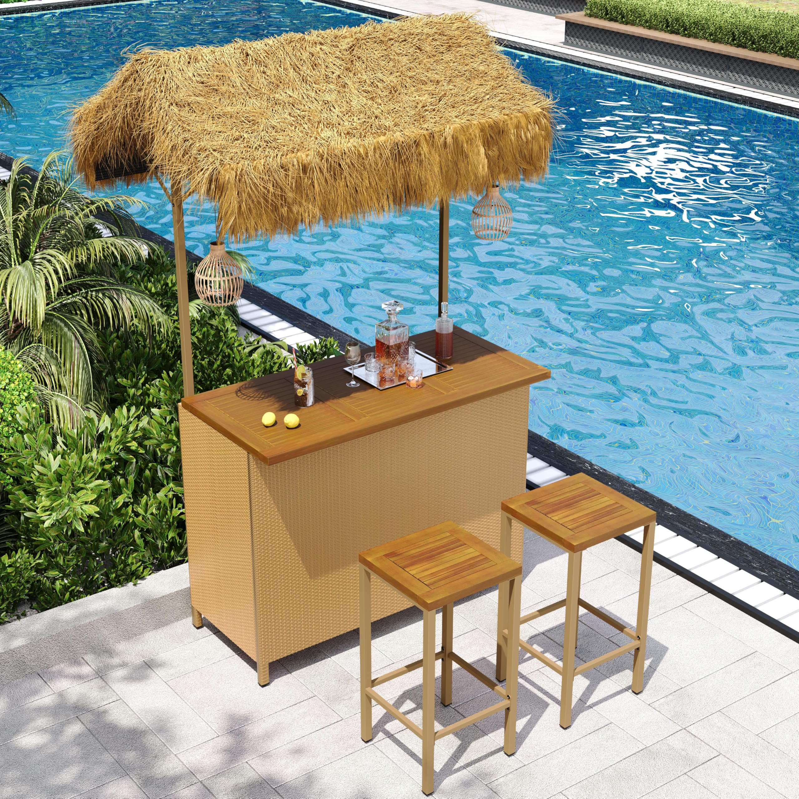 Hawaiian Style Outdoor Bar Set with 2 Stools