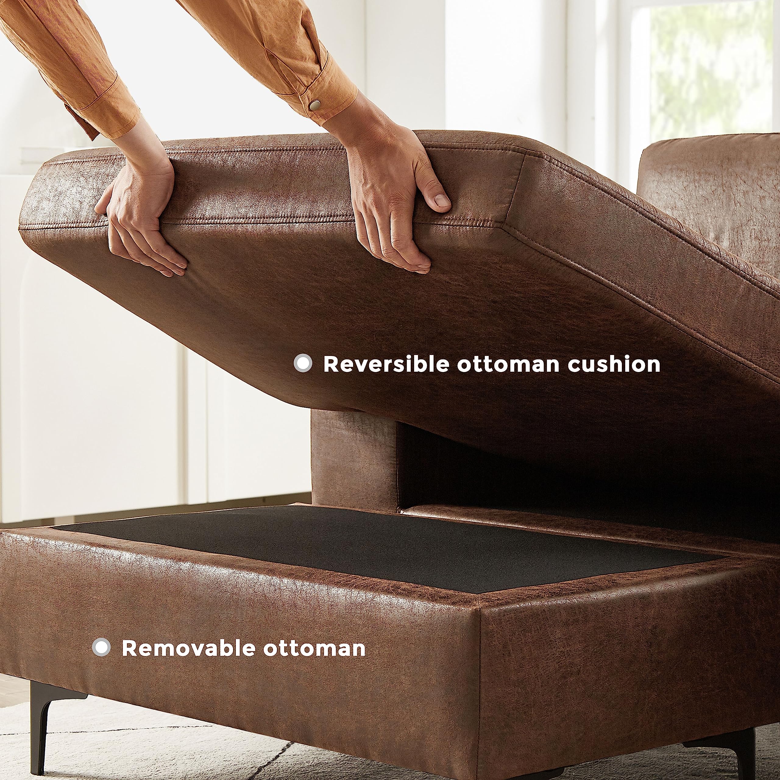 VANOMi 100" Faux Leather Sofa with Convertible Chaise, L-Shaped Leather Sectional Couches for Living Room, Apartment, Bedroom, Office, 3-Seater,Modular, Dark Brown