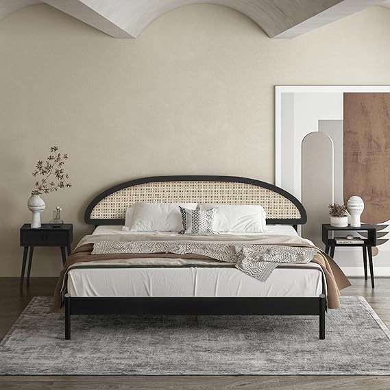 Wooden Bed Frame with Headboard and Natural Rattan King