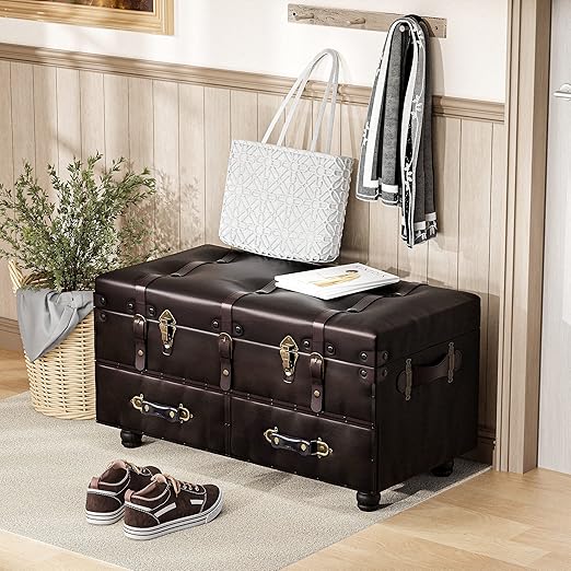 Vintage Storage Ottoman Bench with Buckle Closure