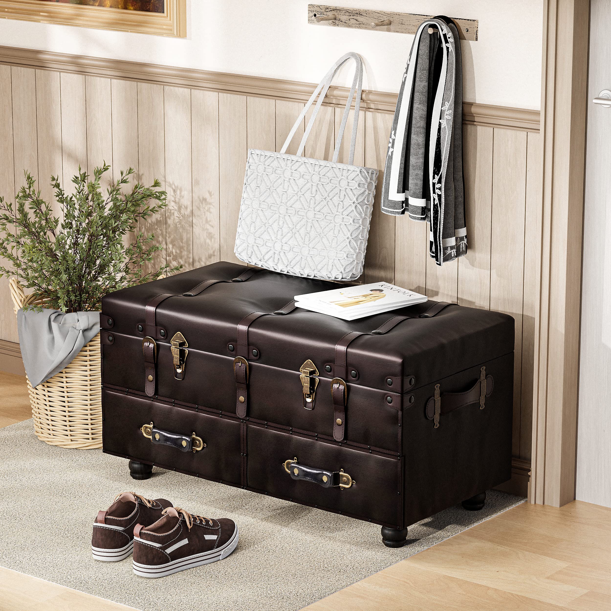 Vintage Storage Ottoman Bench with Buckle Closure