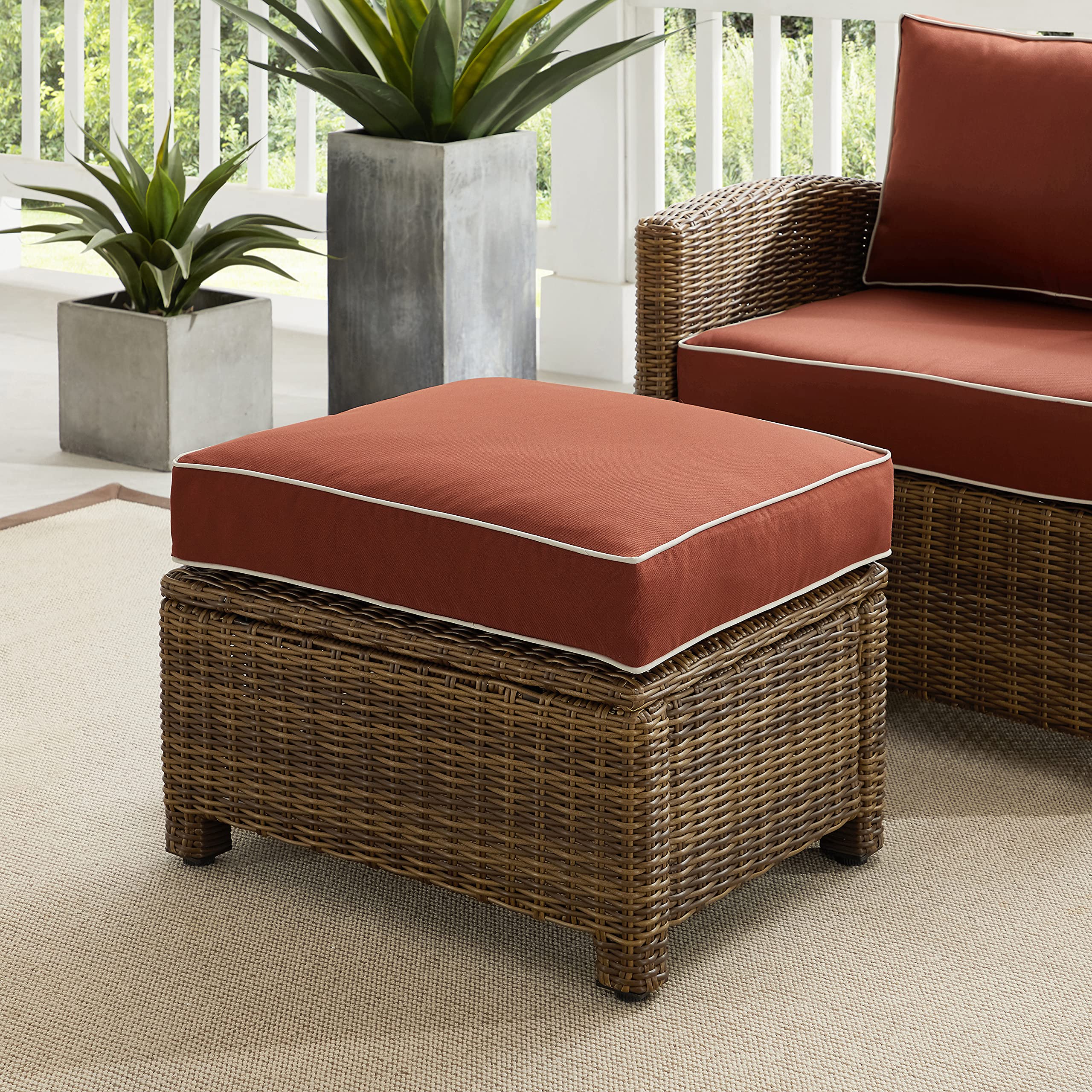 Bradenton Wicker Outdoor Ottoman with Sangria Cushions