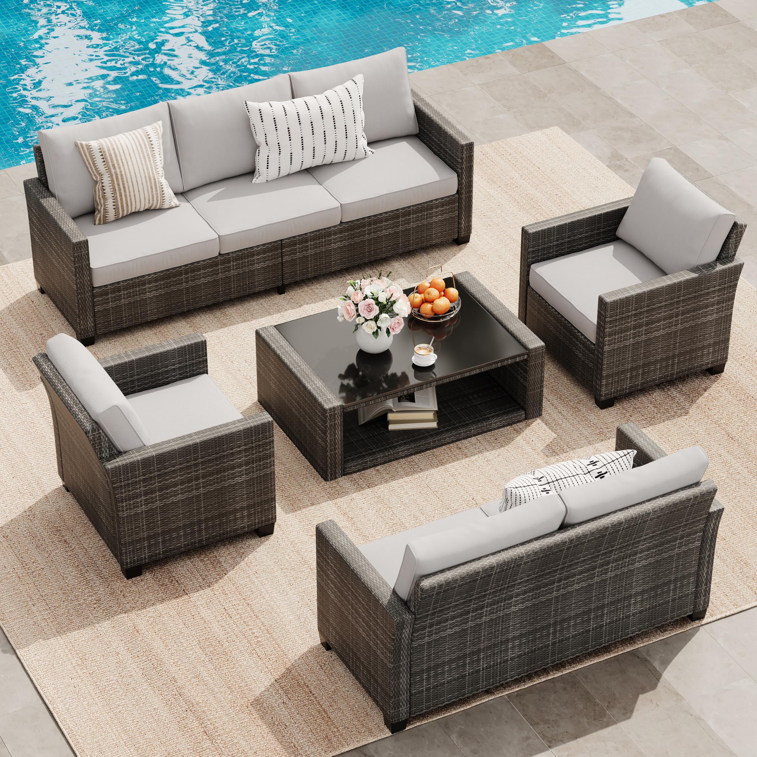 7-Seat PE Rattan Wicker Outdoor Sectional Conversation Set with Coffee Table