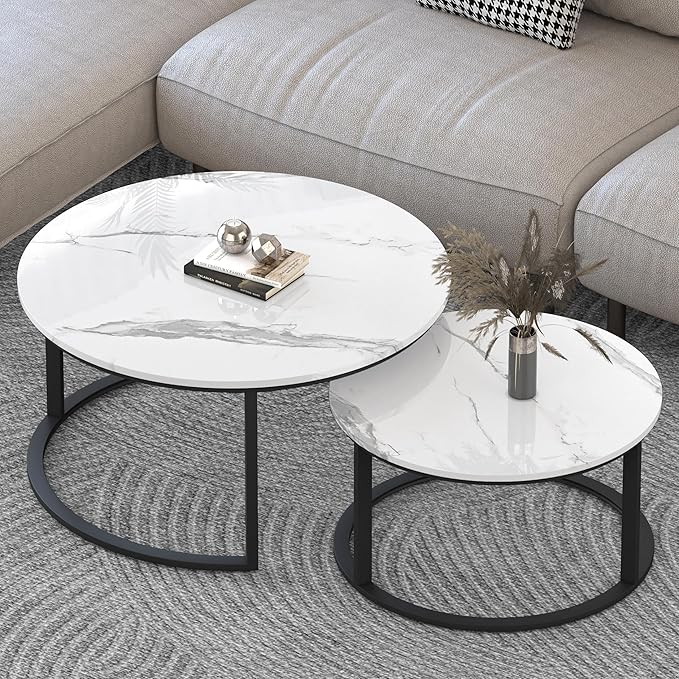 Round Nesting Coffee Tables Set of 2 - Gold Frame with Black Marble Top